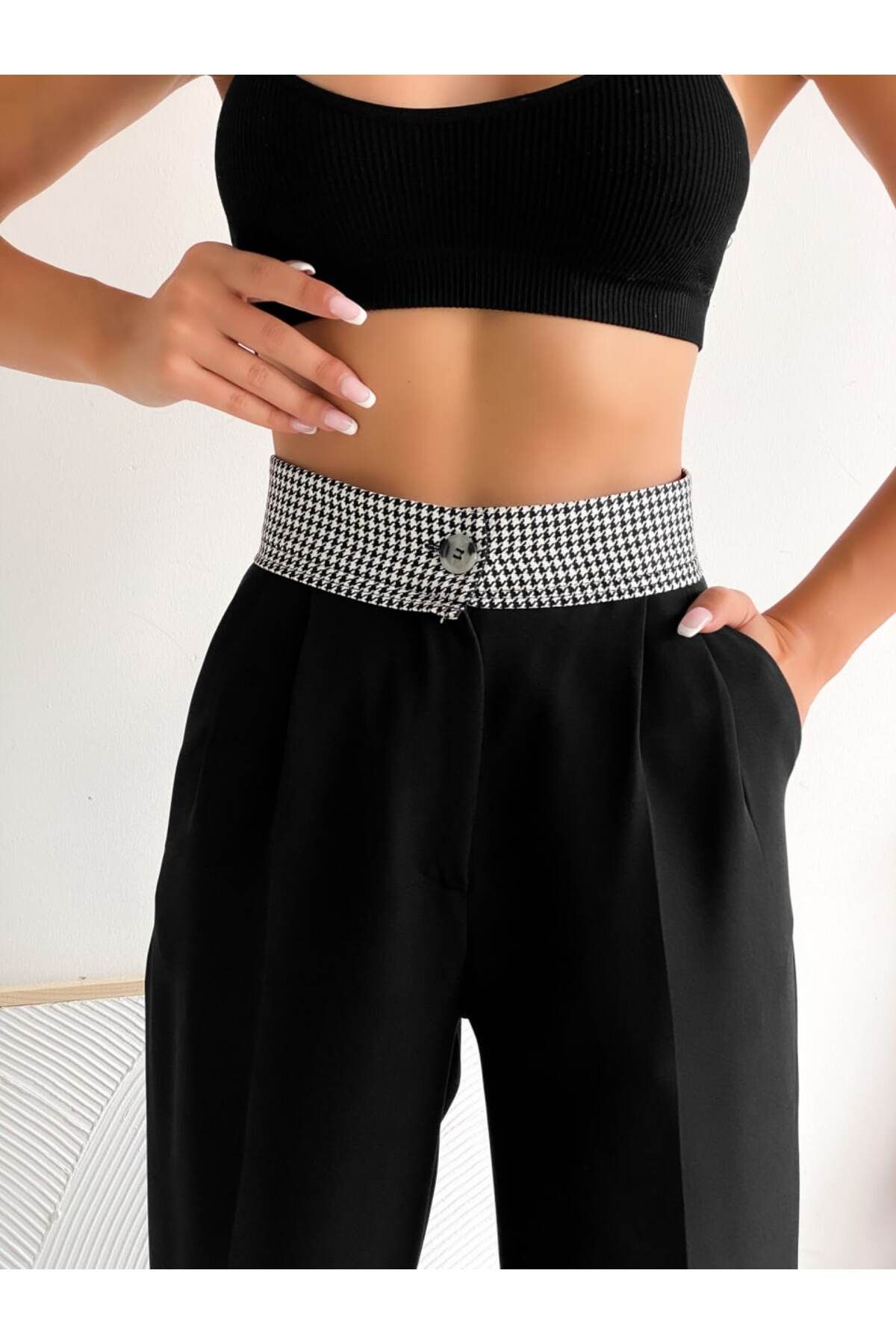NARKISS-Black Palazzo Trousers - Atlas Fabric, Houndstooth Patterned Waist Design 5