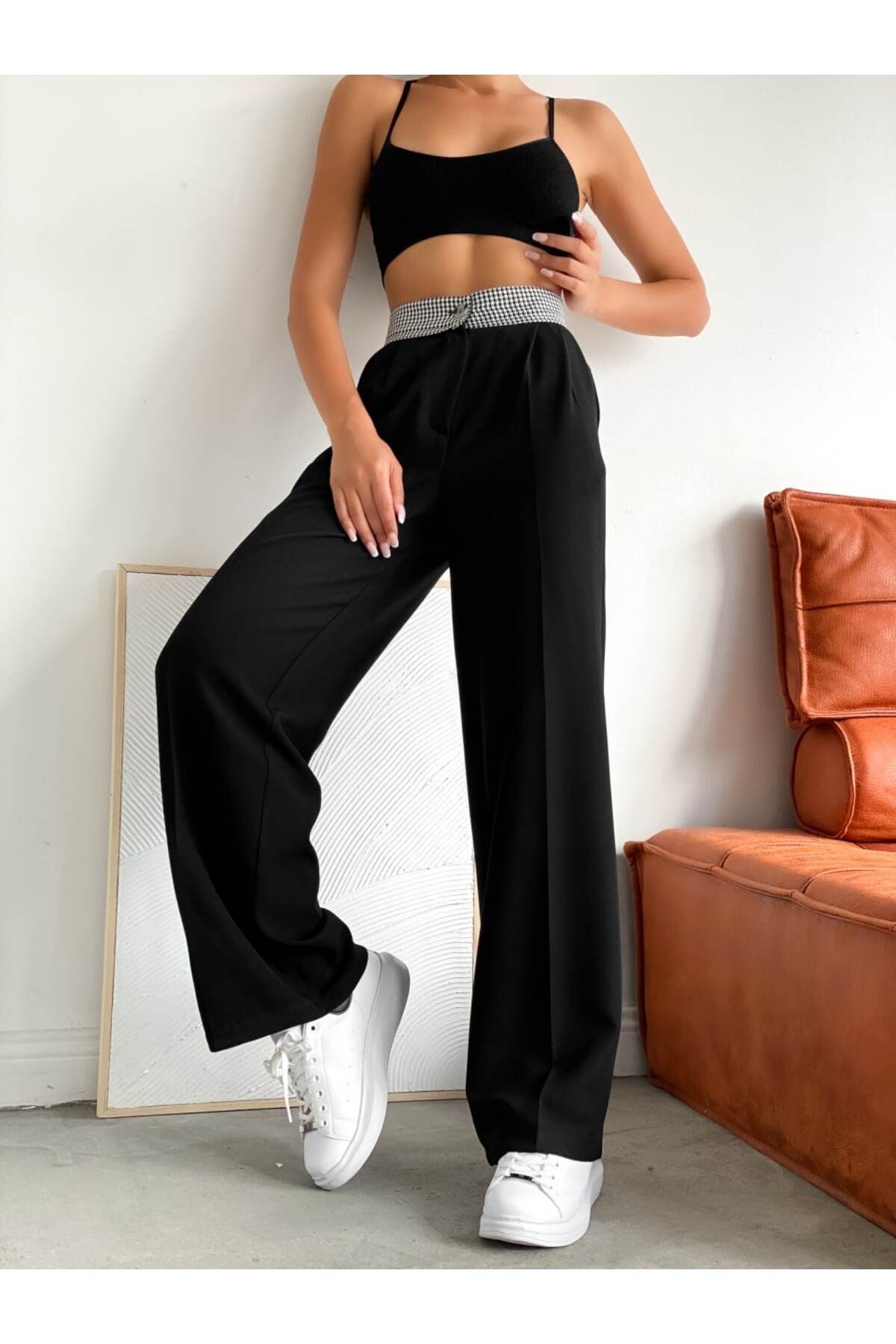 NARKISS-Black Palazzo Trousers - Atlas Fabric, Houndstooth Patterned Waist Design 4