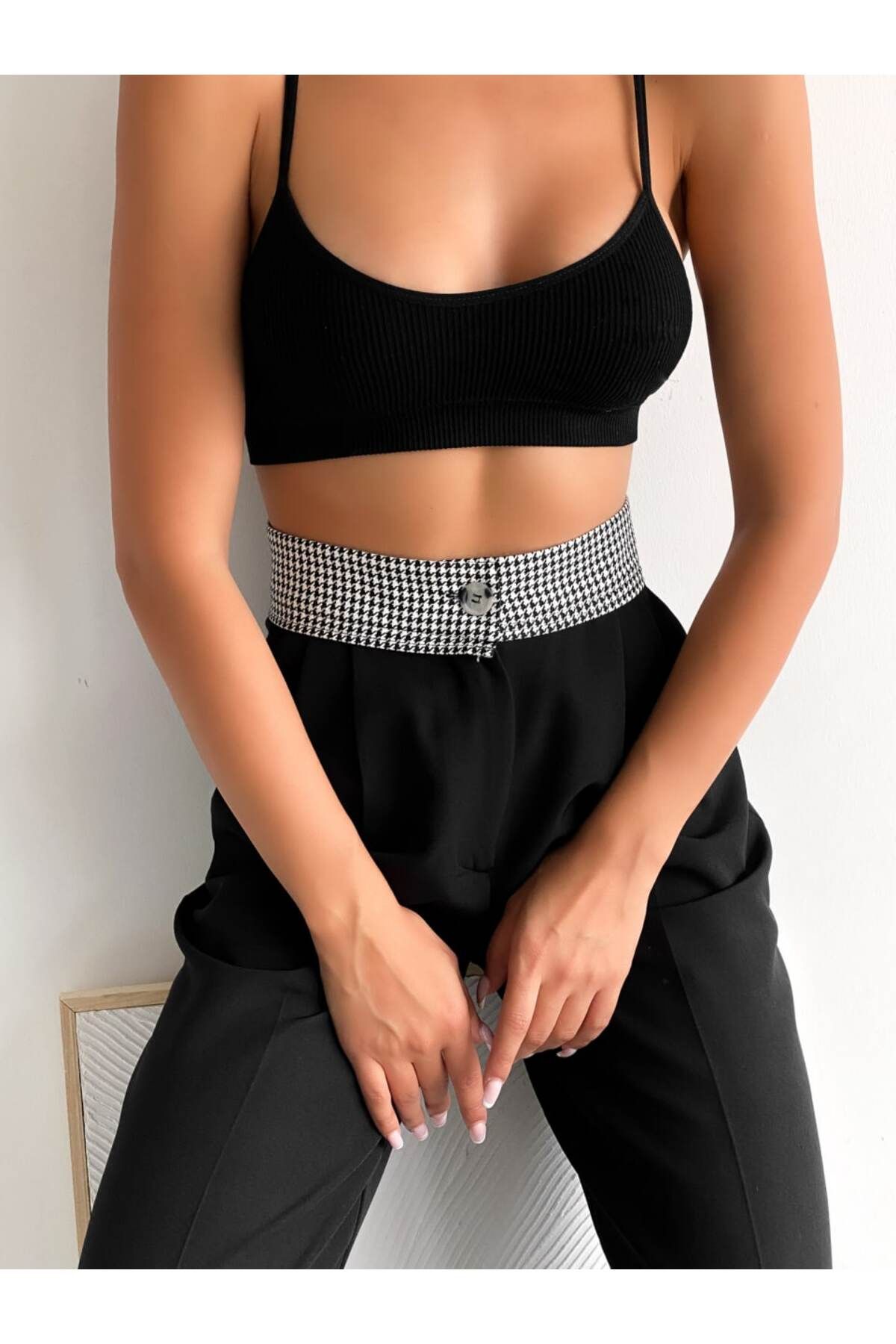 NARKISS-Black Palazzo Trousers - Atlas Fabric, Houndstooth Patterned Waist Design 6