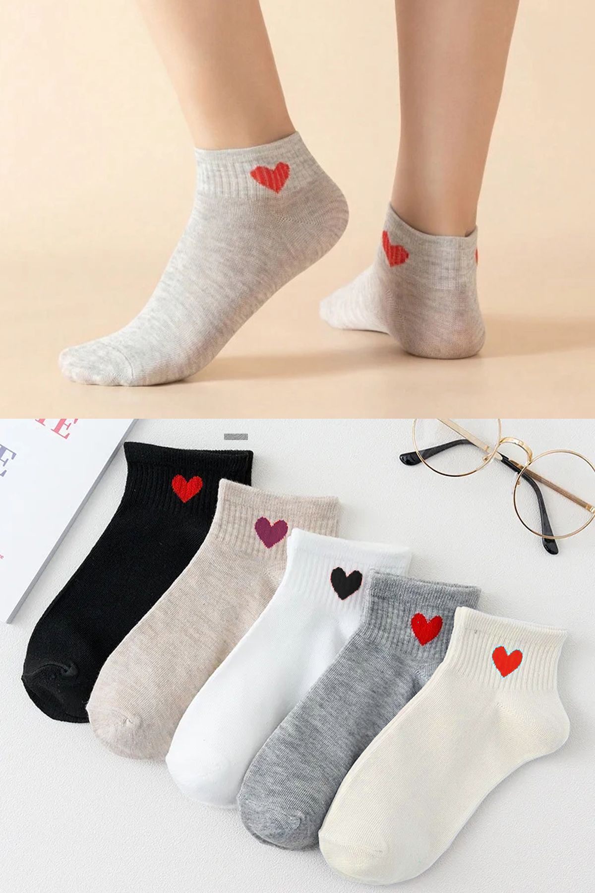 BGK 5 Pairs of Women's Heart Patterned Short Socks - Trendyol