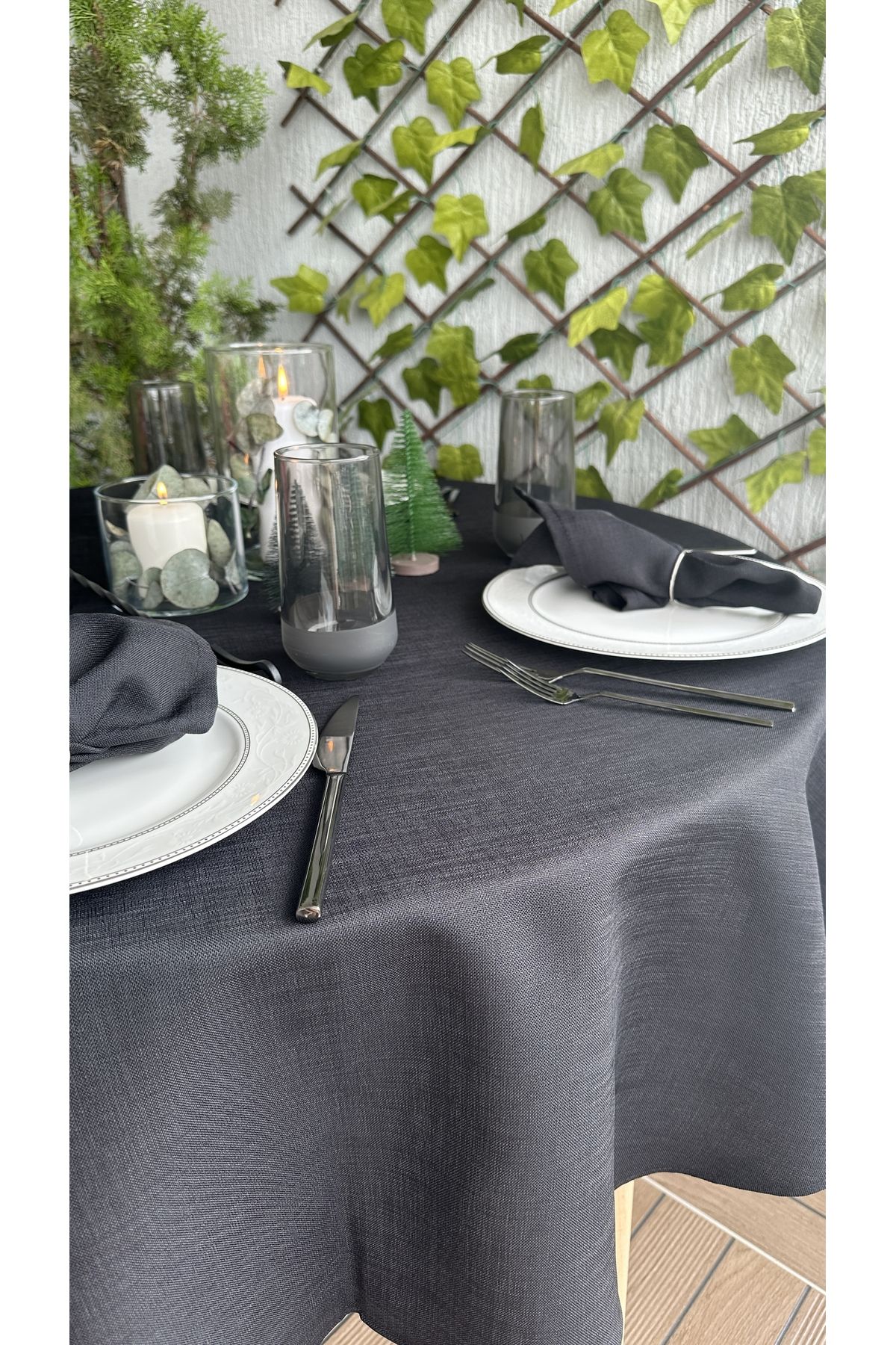 Decamor home-Λινό Μαύρο Στρογγυλό Τραπεζομάντηλο με υφή 7