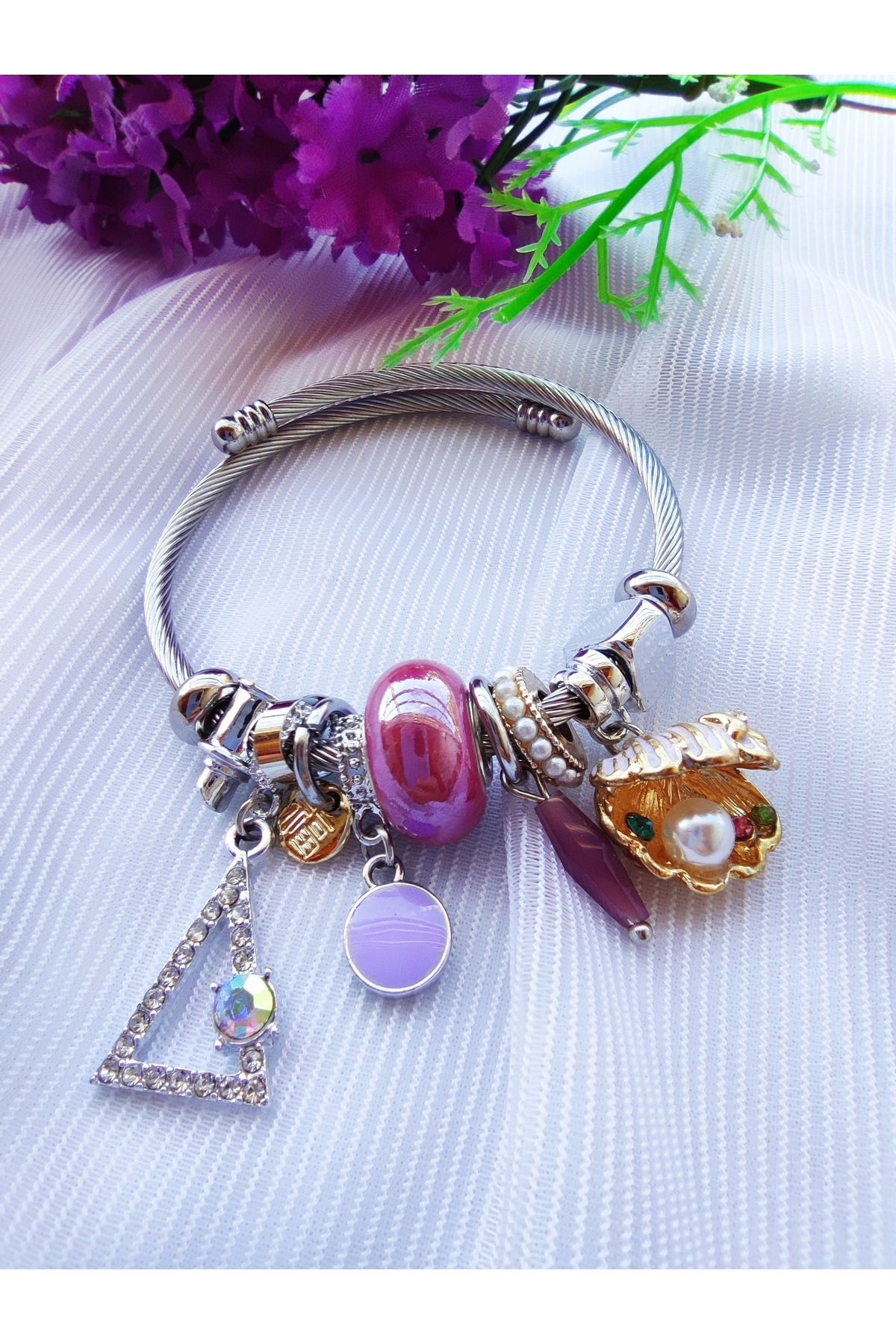 r rojinins Women s Pandora Charm Steel Bracelet Lilac Jewelled Pearl Oyster Detailed Trendyol