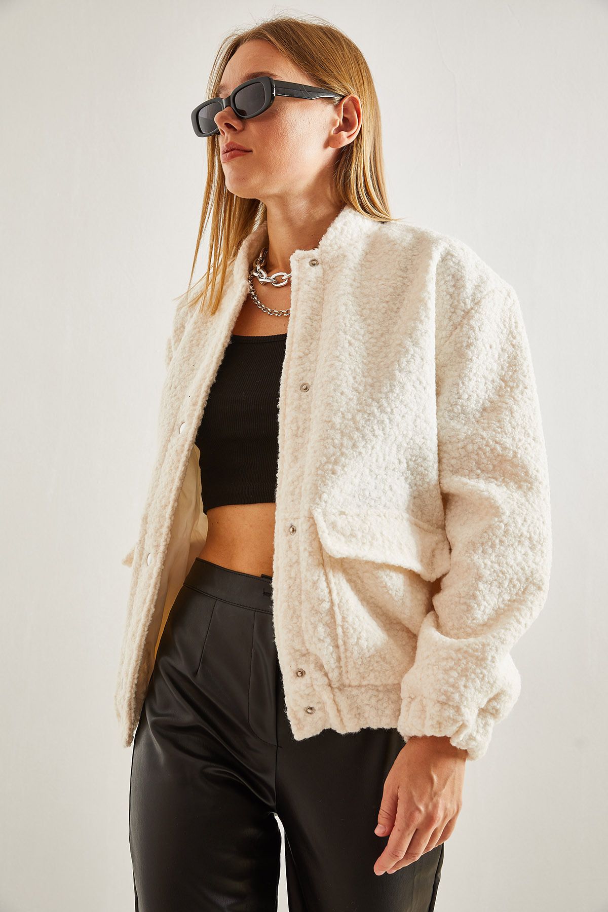 Bianco Lucci-Damen-Mantel aus Stoff mit zwei Taschen und Druckknöpfen 4