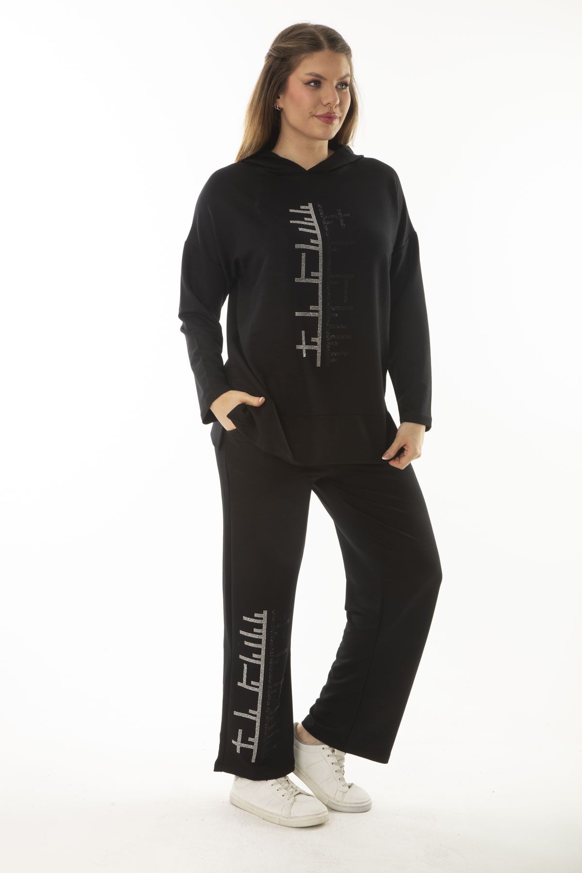 Şans-Women's Large Size Black Stone Detailed Hooded Sweatshirt Trousers Double Suit 65N37001 6