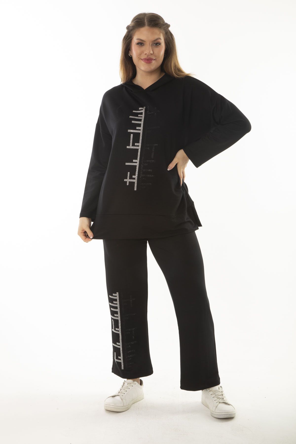 Şans-Women's Large Size Black Stone Detailed Hooded Sweatshirt Trousers Double Suit 65N37001 1