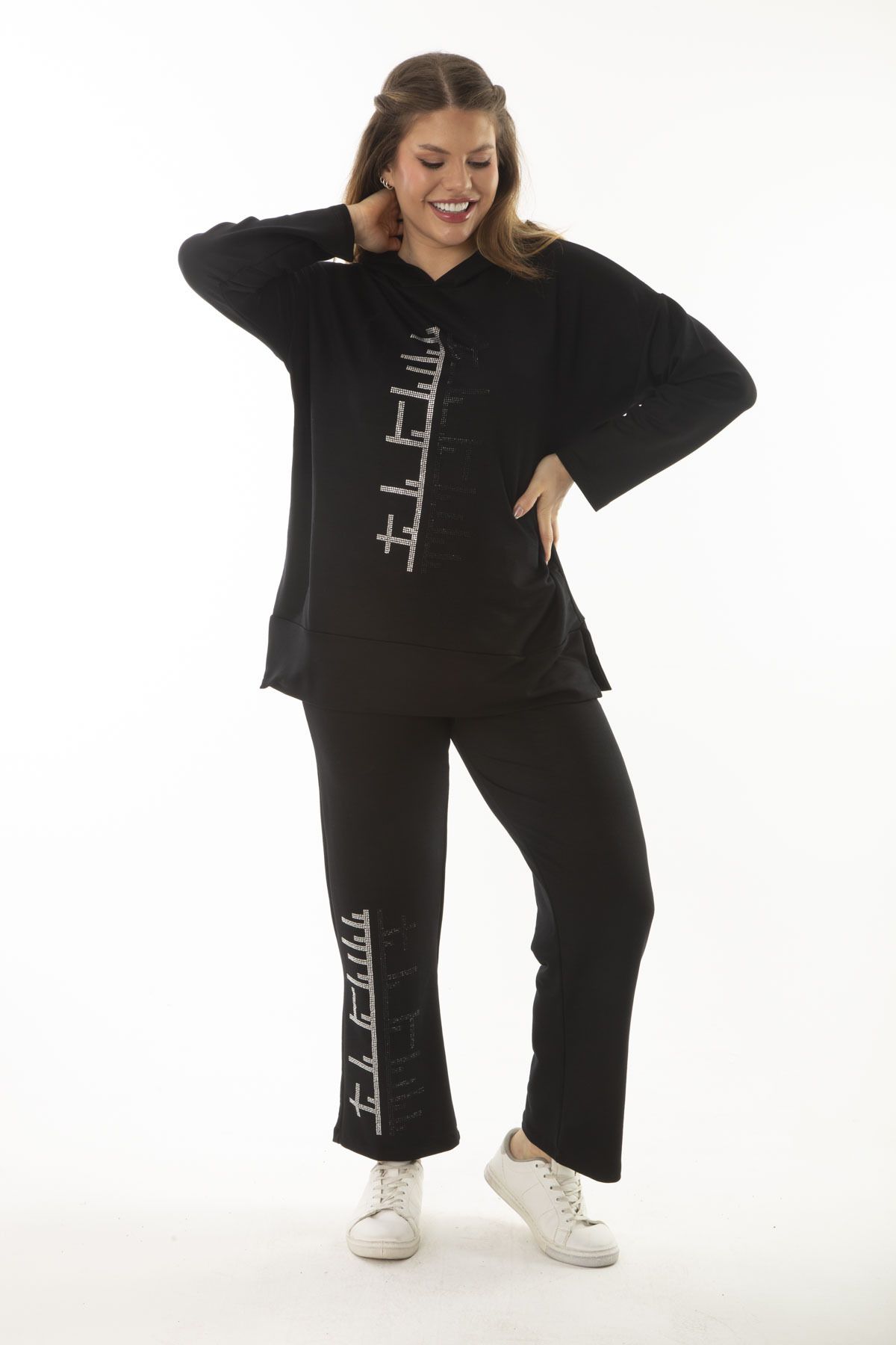 Şans-Women's Large Size Black Stone Detailed Hooded Sweatshirt Trousers Double Suit 65N37001 2