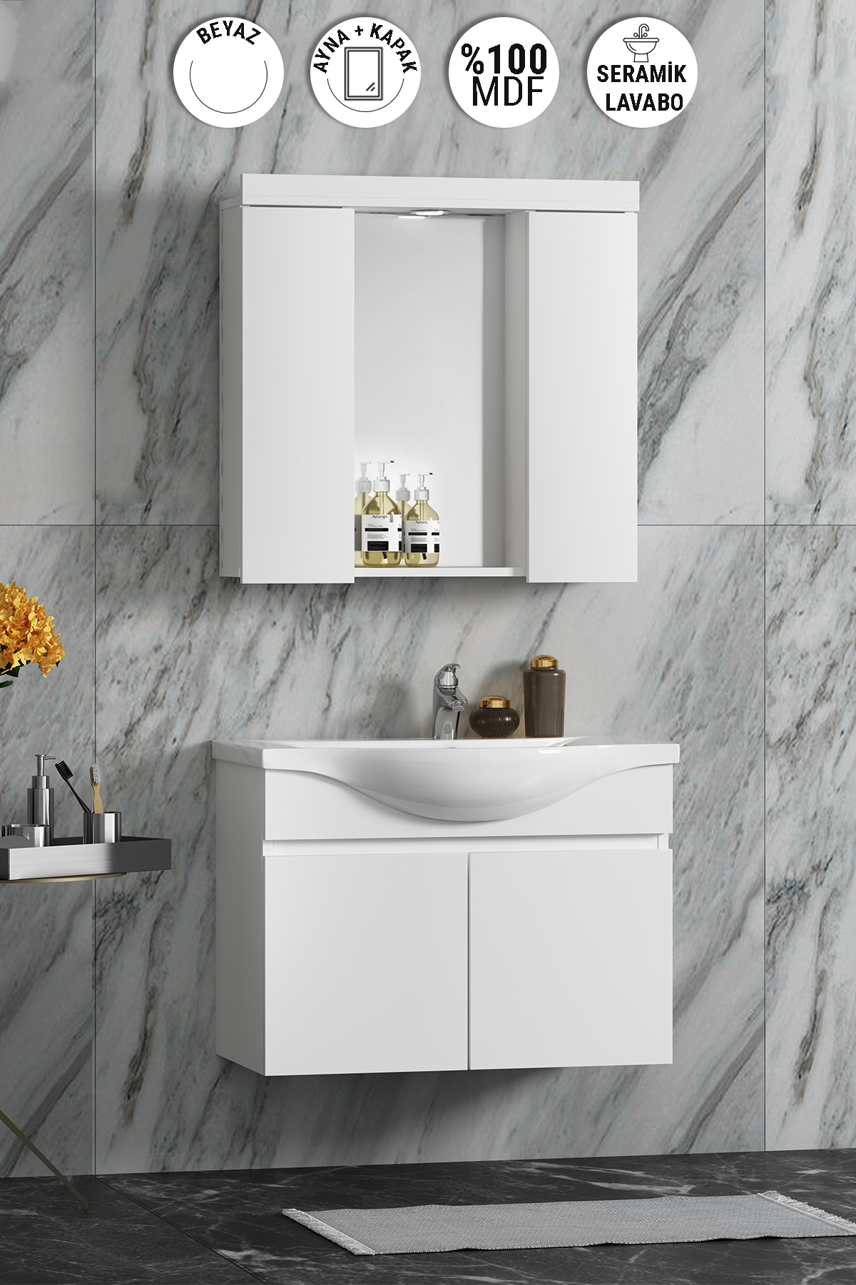 ÖZCEDEN Yıldız 80 cm Beyaz MDF Seramik Lavabolu Asma Banyo Dolabı Takımı