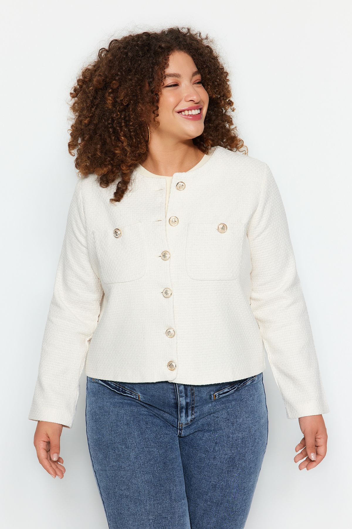 Plus Size White Denim Jacket With Pockets | Curvaceous