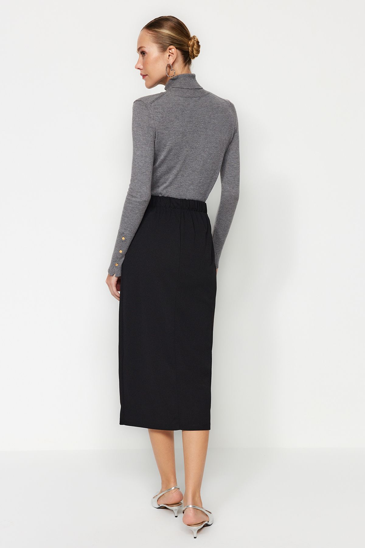 Trendyol Collection-Czarna, inteligentna krepa, zapinana na guziki, szczegółowa, ołówkowa spódnica midi z wysokim stanem, z dzianiny ze stretchem TWOSS23ET00320 3