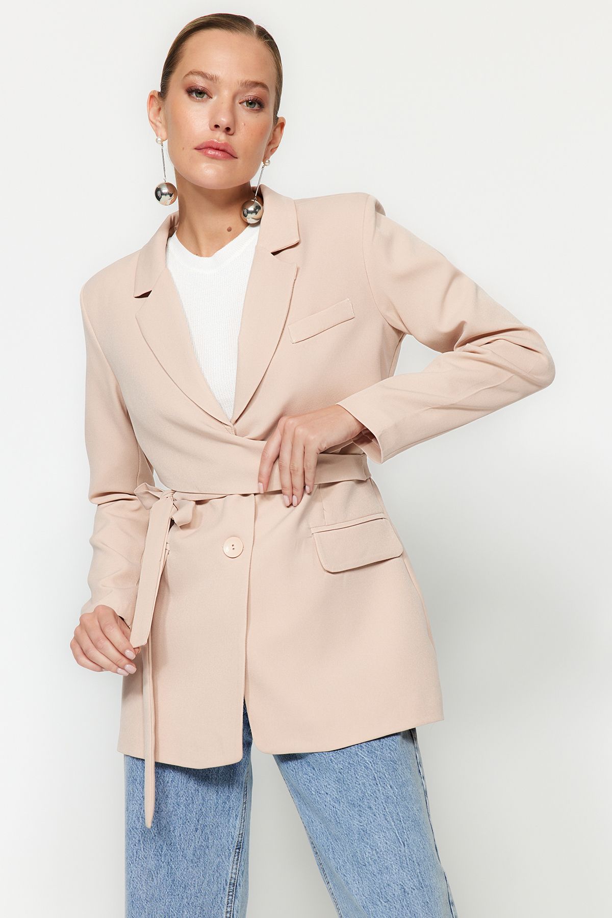 Trendyol Collection-Gewebte Blazerjacke mit normalem Futter in Stein TWOAW21CE0320 3