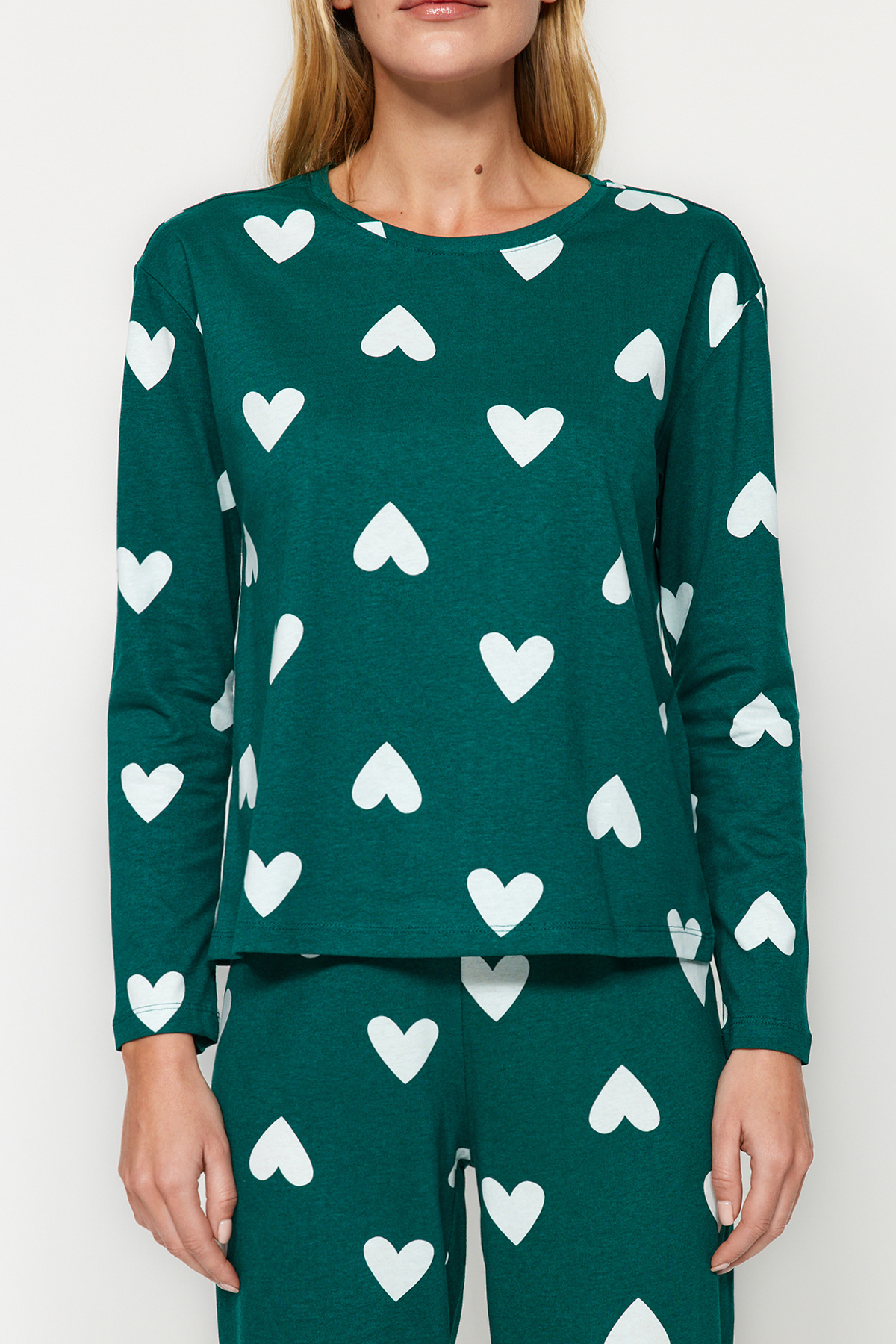 Trendyol Collection Smaragdzöld 100% pamut szívvel kötött pizsama szett THMAW21PT0566