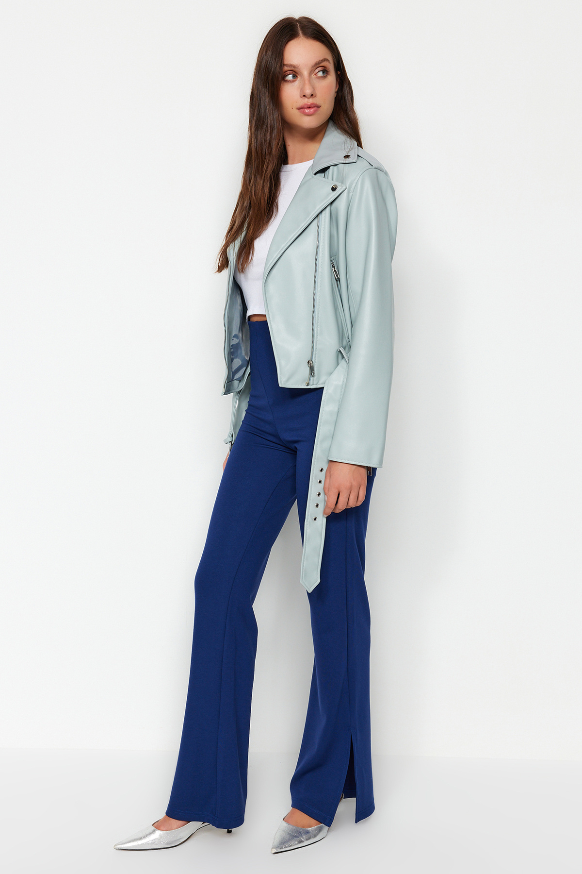 Trendyolmilla  Indigo Yanları Yırtmaçlı Flare/İspanyol Paça Yüksek Bel Örme Pantolon TWOSS23PL00134 - Görsel 2