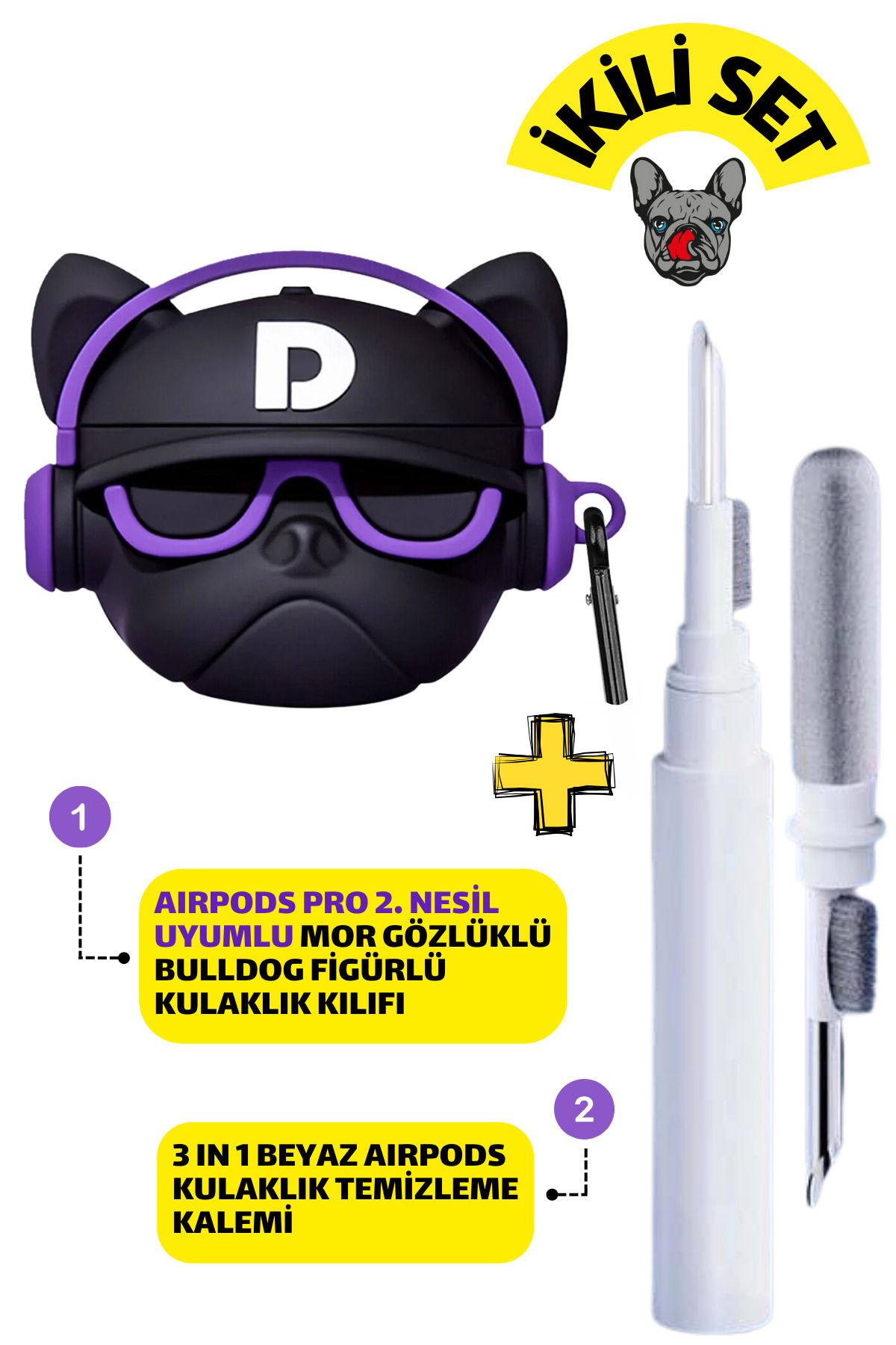 Pro 2nd Generation Compatible Purple Glasses Bulldog Case and White 3-in-1 Headset Cleaning Pen
