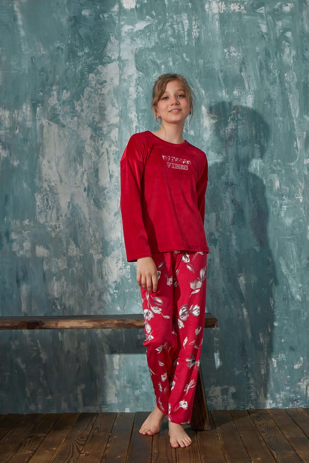 Pijamaevi-Red Vibes Samt-Mutter-Tochter-Familienpyjama – Kinderset 3