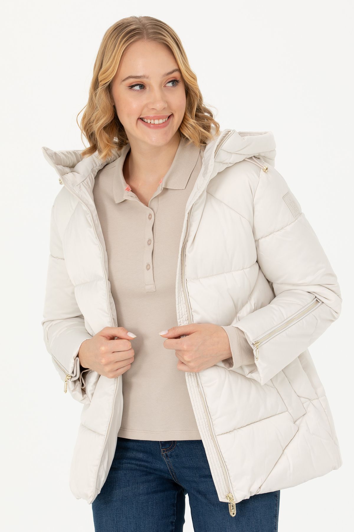 U.S. Polo Assn.-يو اس بولو اسنمعطف نسائي حجري بغطاء للرأس1677691 3
