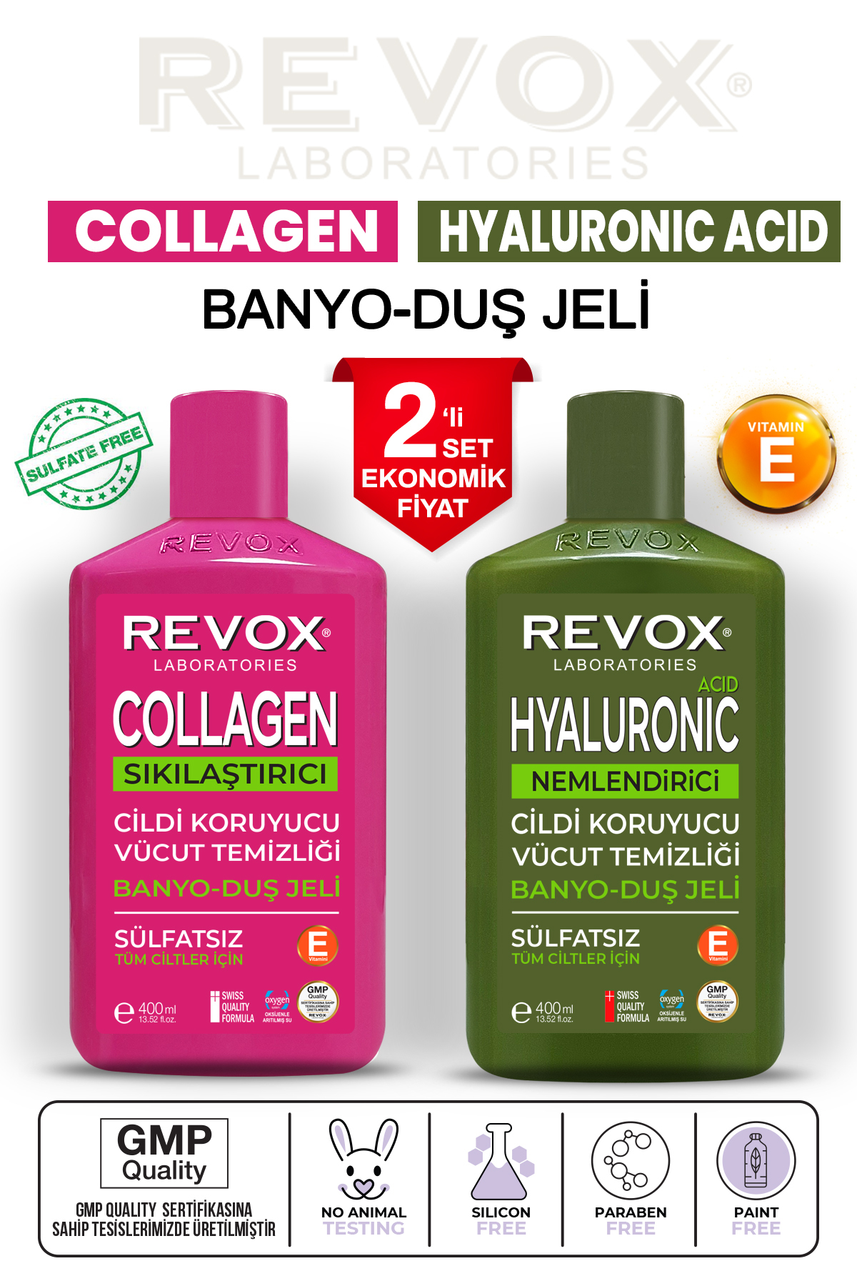 Revox Hyaluronic Acid Cildi Nemlendirici Duş Jeli ve Collagen Sıkılaştırıcı Duş Jeli İkili Set