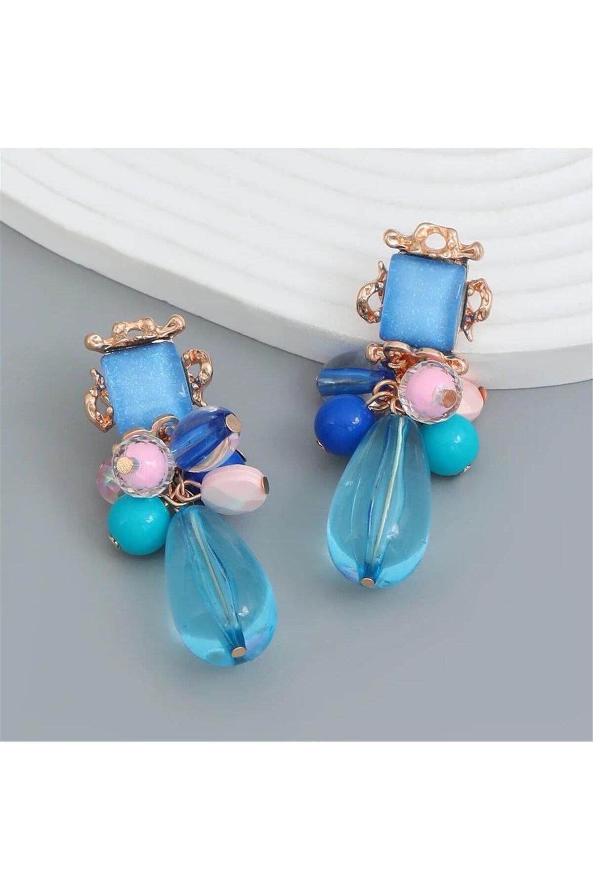 Pelin Aksesuar Blue Pink Beaded Design Earrings Trendyol