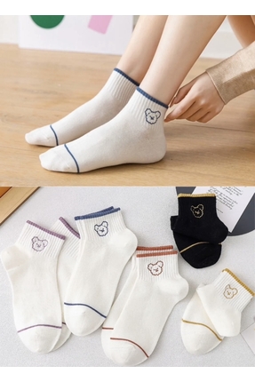 REYNBOO SOCKS 5 Çift Unisex Hayalet Ayı Desenli Yıkamlı Yarım Kolej Çorap