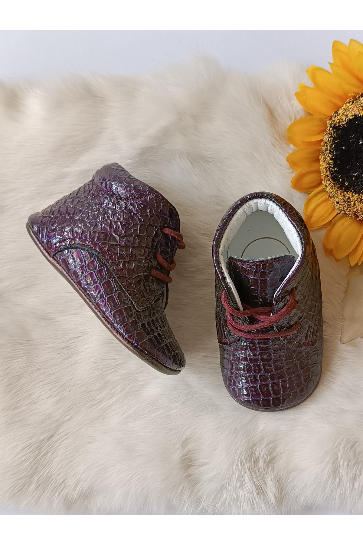Hodore-Plum Printed Genuine Leather Baby Booties 2