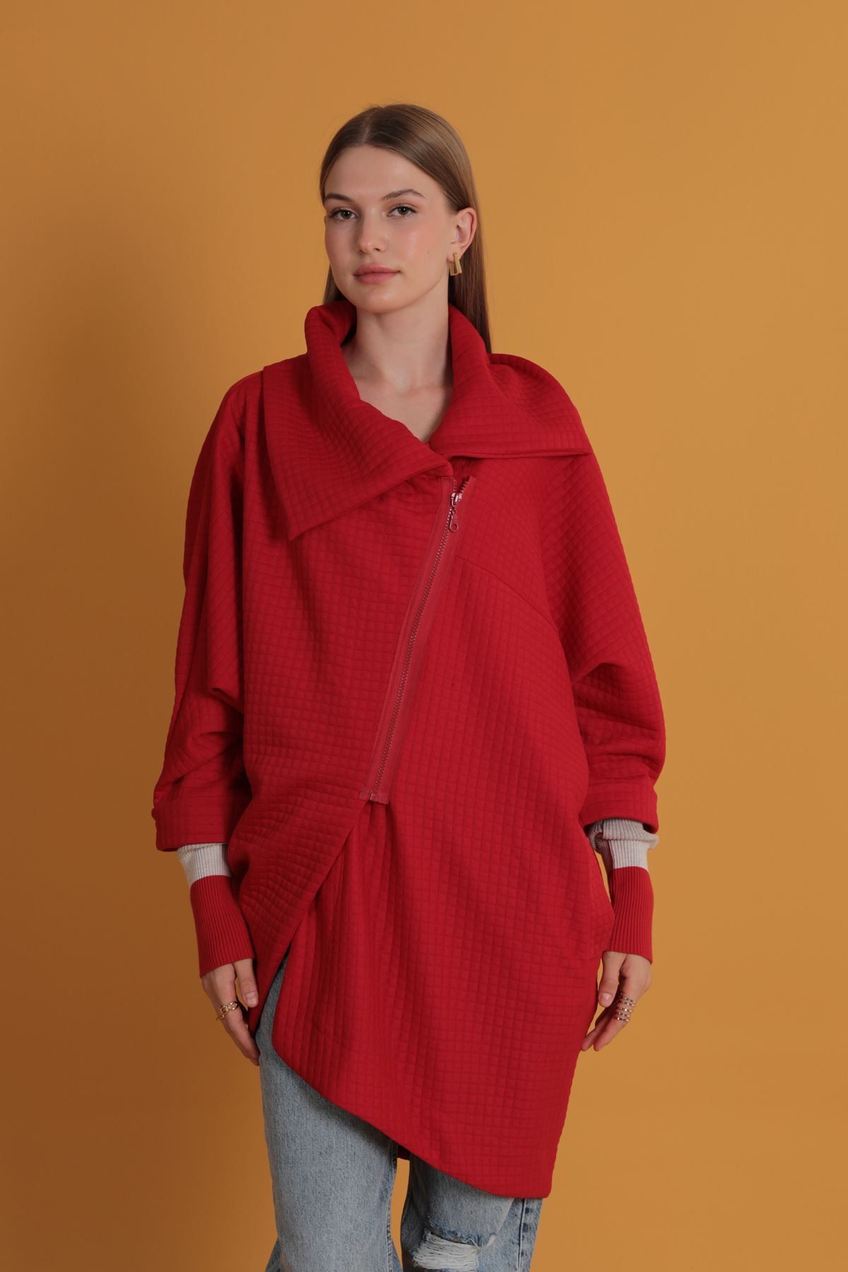 MYA-Women's Honeycomb Pattern Long Zipper Cardigan | Stylish Cardigan with Ribbed Sleeve Detail | Cardigan with Sleeve Detail 1