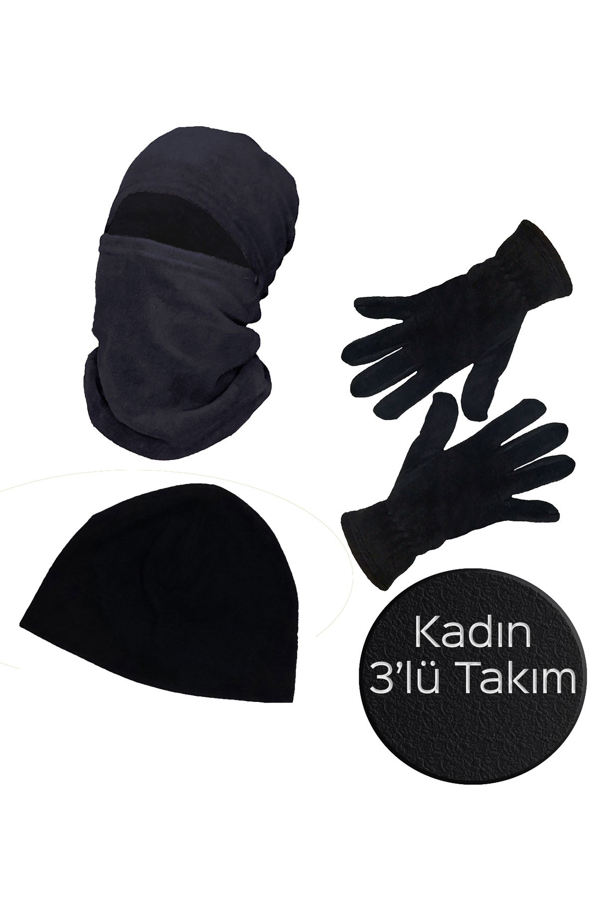 Mrey Kadın Siyah Kışlık Termal Polar Eldiven - Kar Maskesi Motorcu Kask İçi - Siyah Bere 3'lü Set Takım