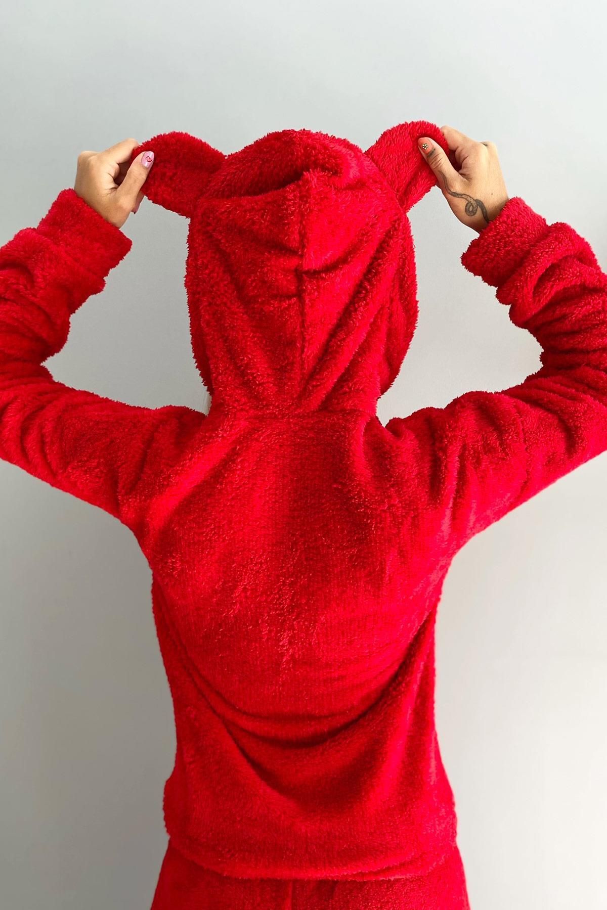 Pijamaevi-Red Meow Patterned Full Plush Pajama Set 6