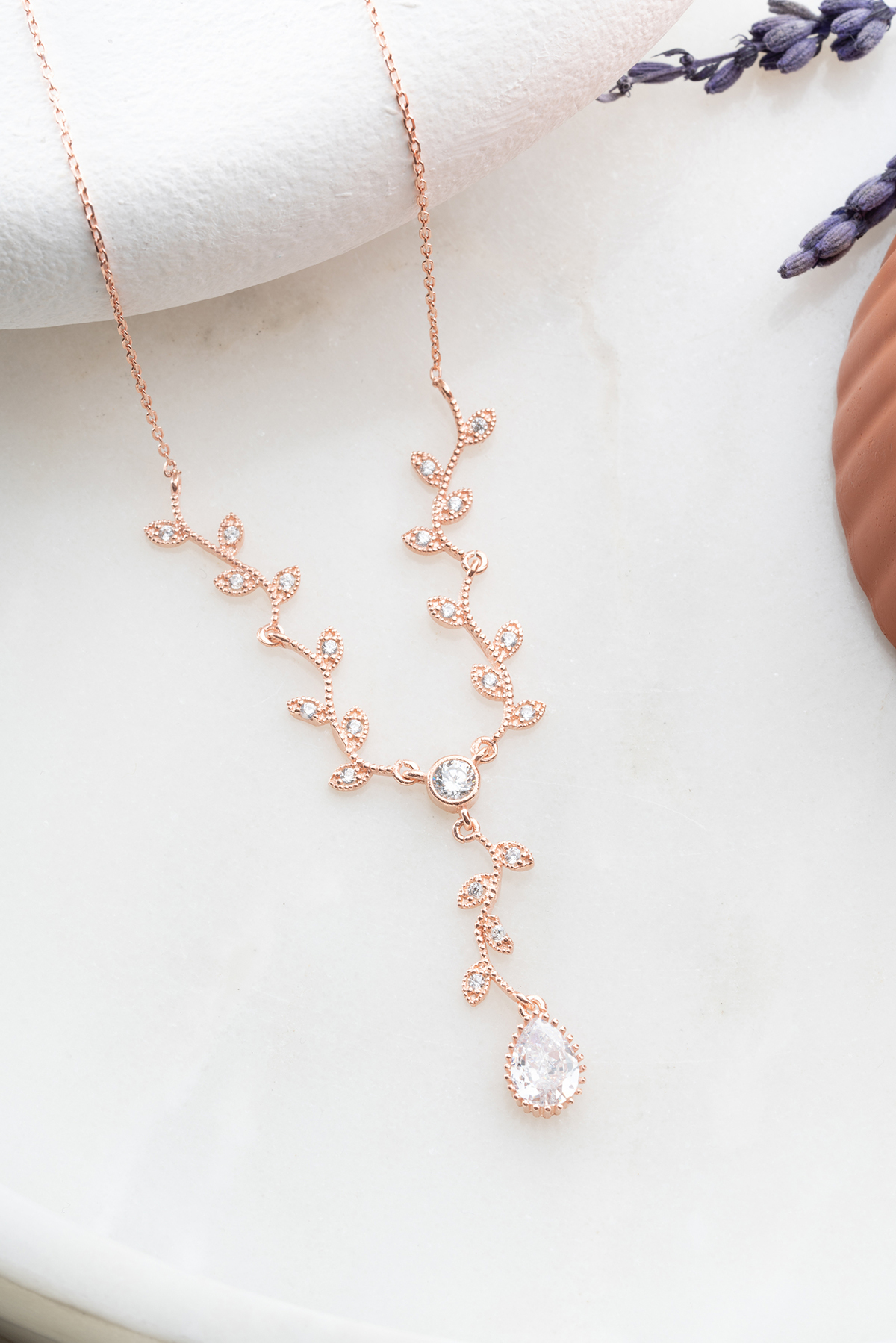 925 Ayar Gümüş Rose Zirkon Damla Taşlı Sarmaşık Kolye 3