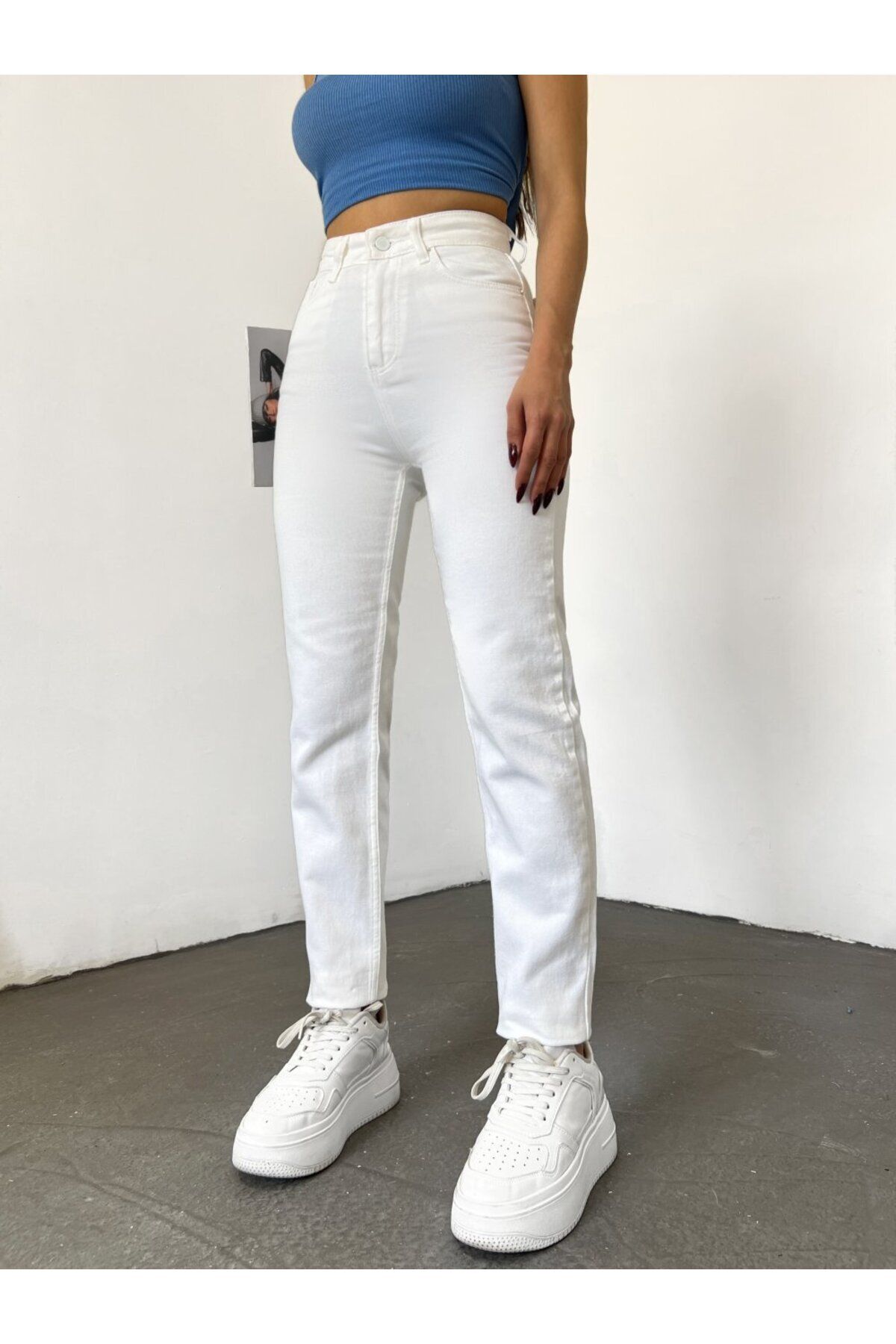 TRENDNATUREL-Дамски бели Mom Jeans с висока талия White Mom Jeans 100% естествен памук 2