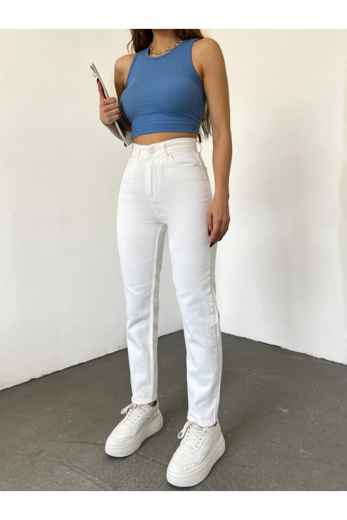TRENDNATUREL-Дамски бели Mom Jeans с висока талия White Mom Jeans 100% естествен памук 3