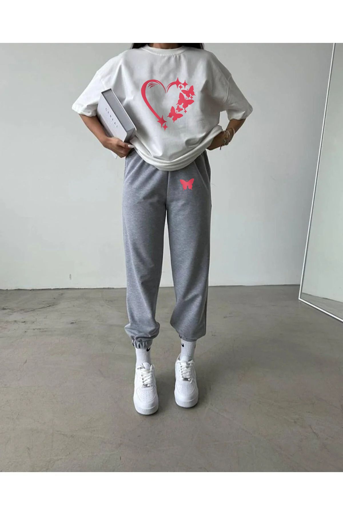 AY MONTANA-Tricou și tricou Jogger pentru femei cu model de fluturi cu inimă - Set de trening cu gât crew 2