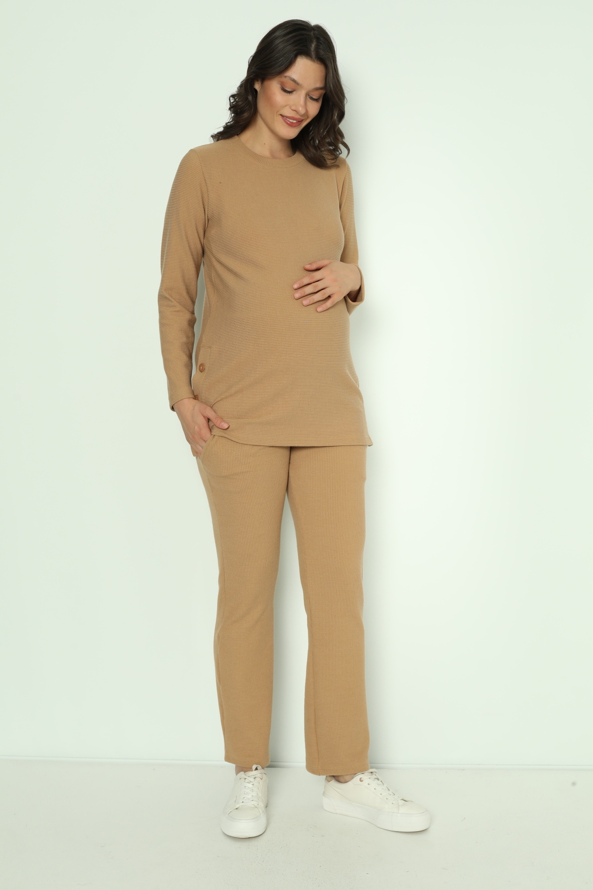 Miss Dünya Lissa-Milk Brown Side Buttoned Maternity and Maternity Tracksuit Set 3