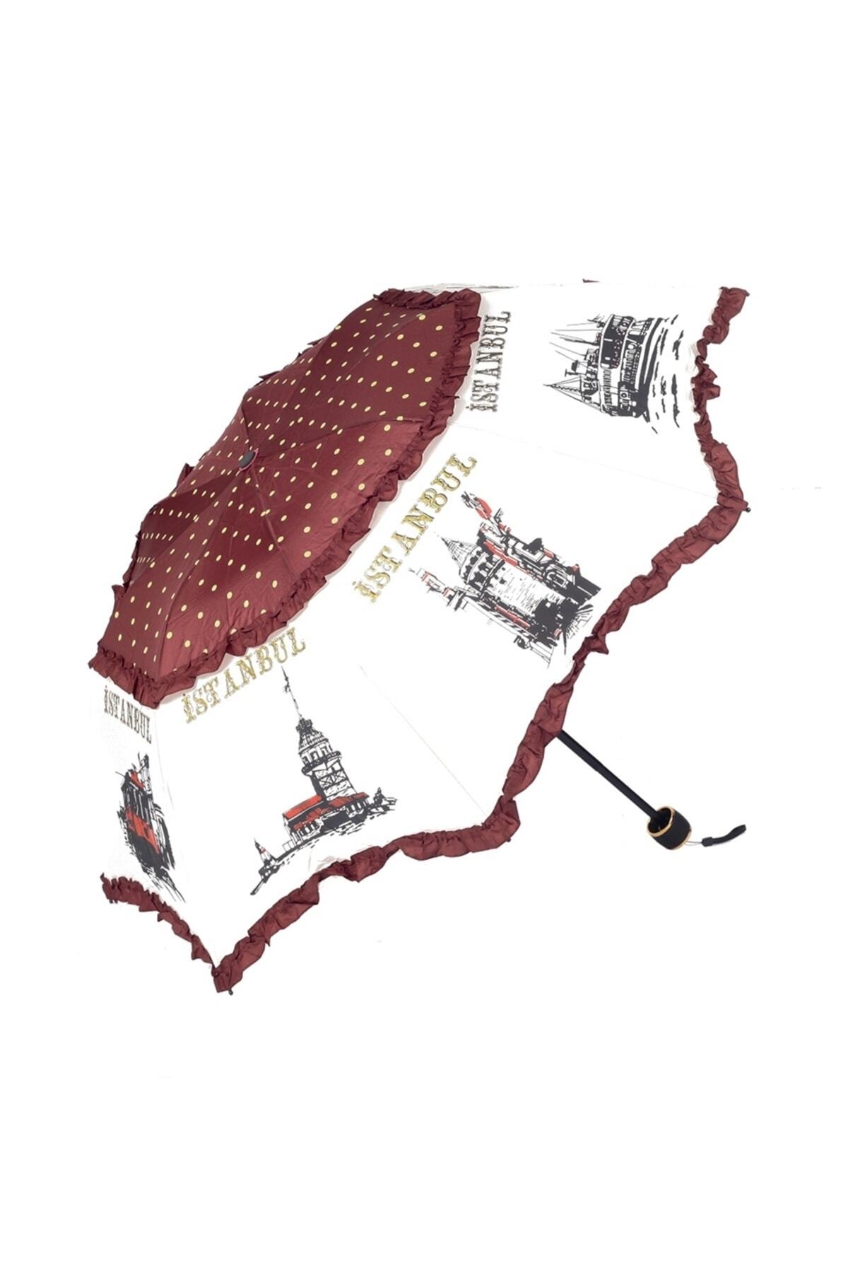 Burgundy Women's Umbrella with Istanbul Figure