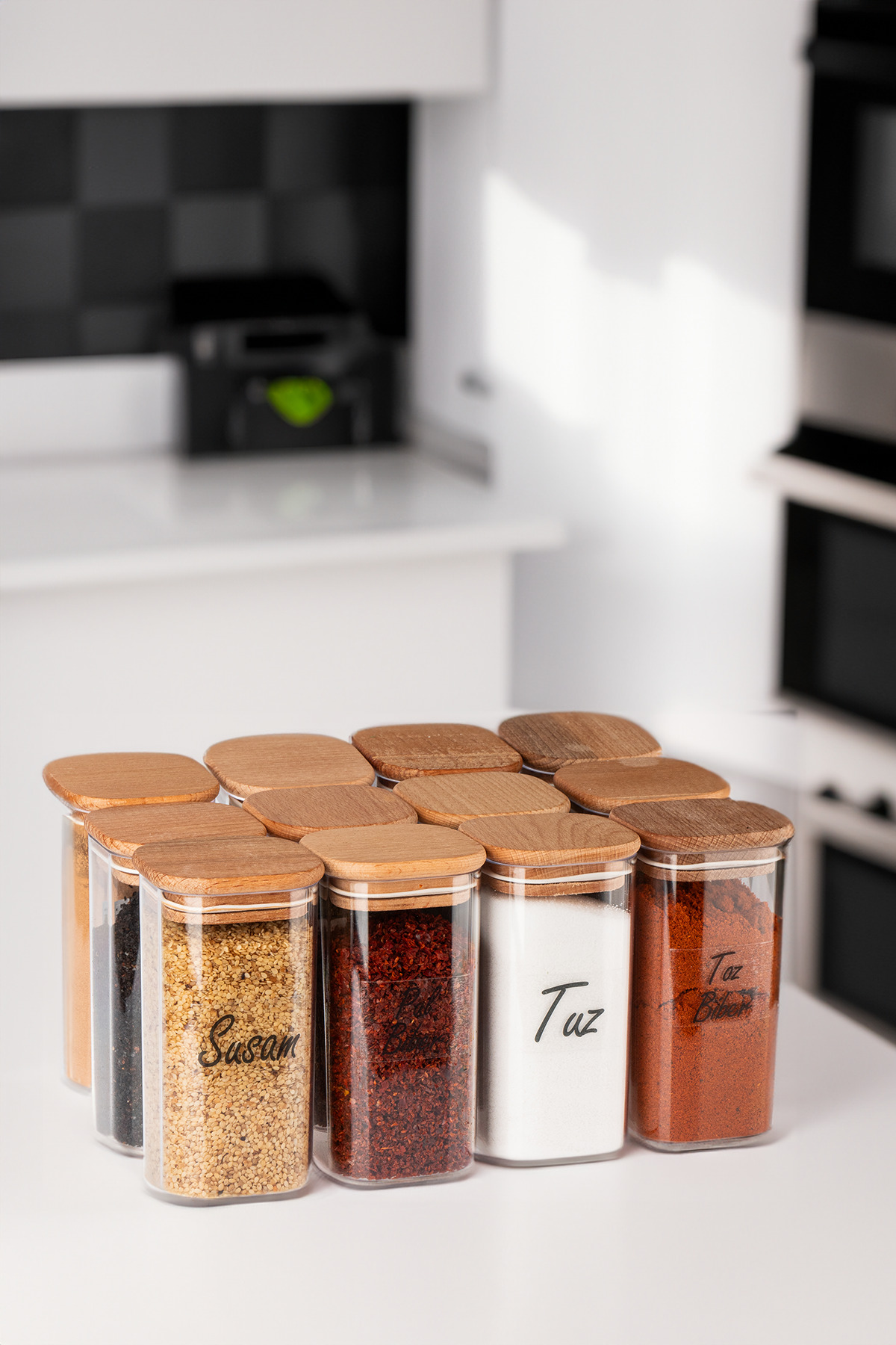 Mica Spice Holder Set of 12 with 300 ml Wooden Lid and Vacuum Transparent Label