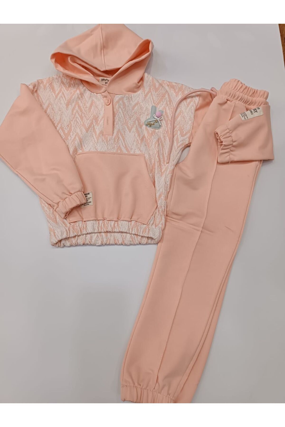 Yavrucak Girls Printed Hooded Seasonal Salmon Tracksuit Set Trendyol