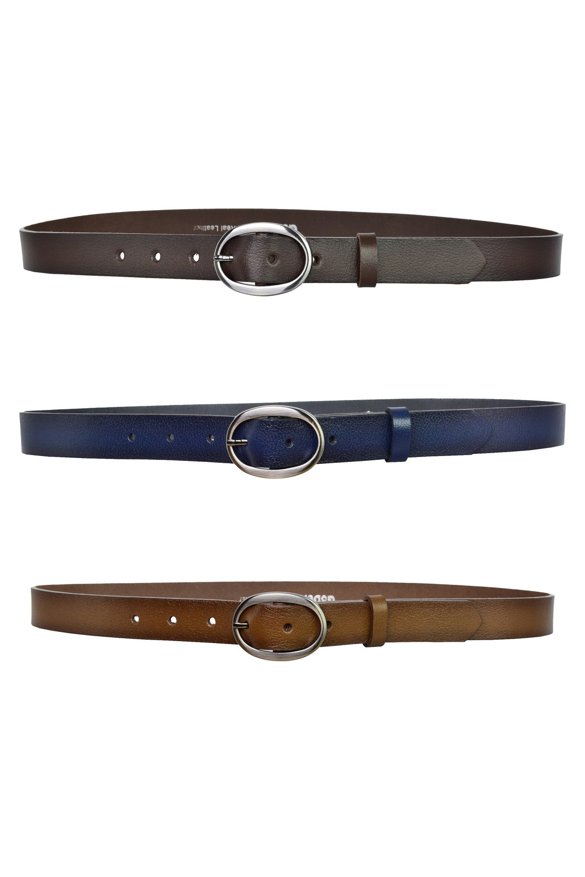 GoDeri-100% Genuine Leather Matte Oval Buckle Set of 3 Navy Blue, Light and Dark Brown, Women's Belt, 3 cm; 39 5
