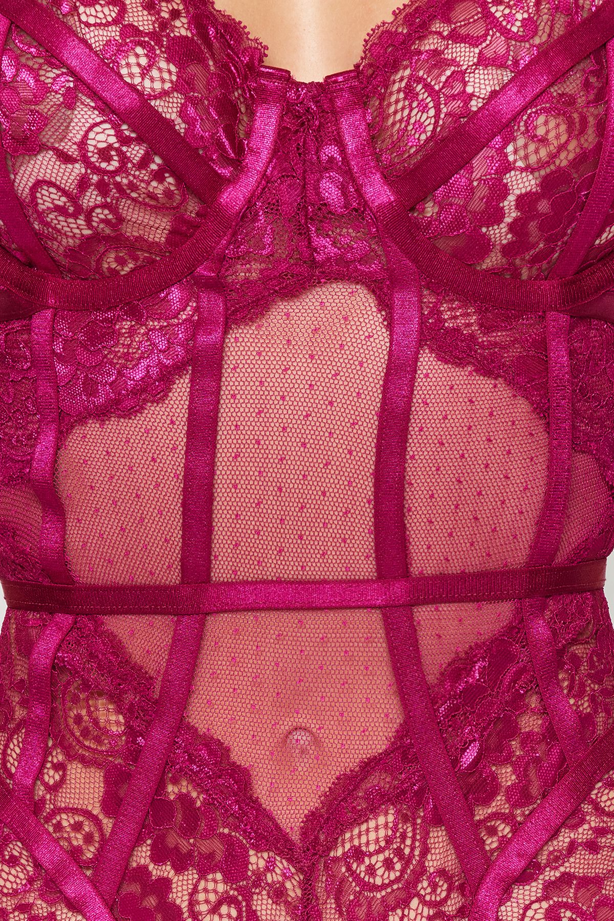 Trendyol Collection-Fuchsiafarbener Spitzen-Strick-Body – mit Seilträgern und Druckknöpfen THMAW24BD00005 4