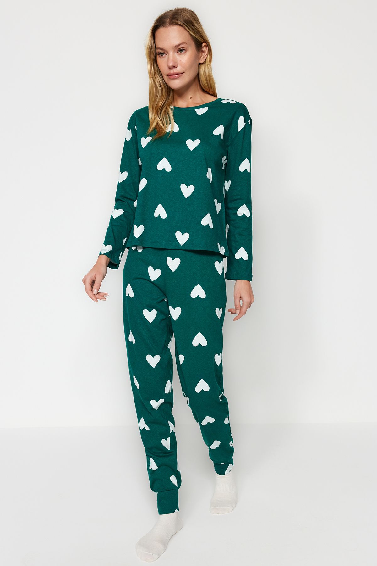 Trendyol Collection Szíves smaragdzöld kötött pizsama szett - 100% pamut THMAW21PT0566