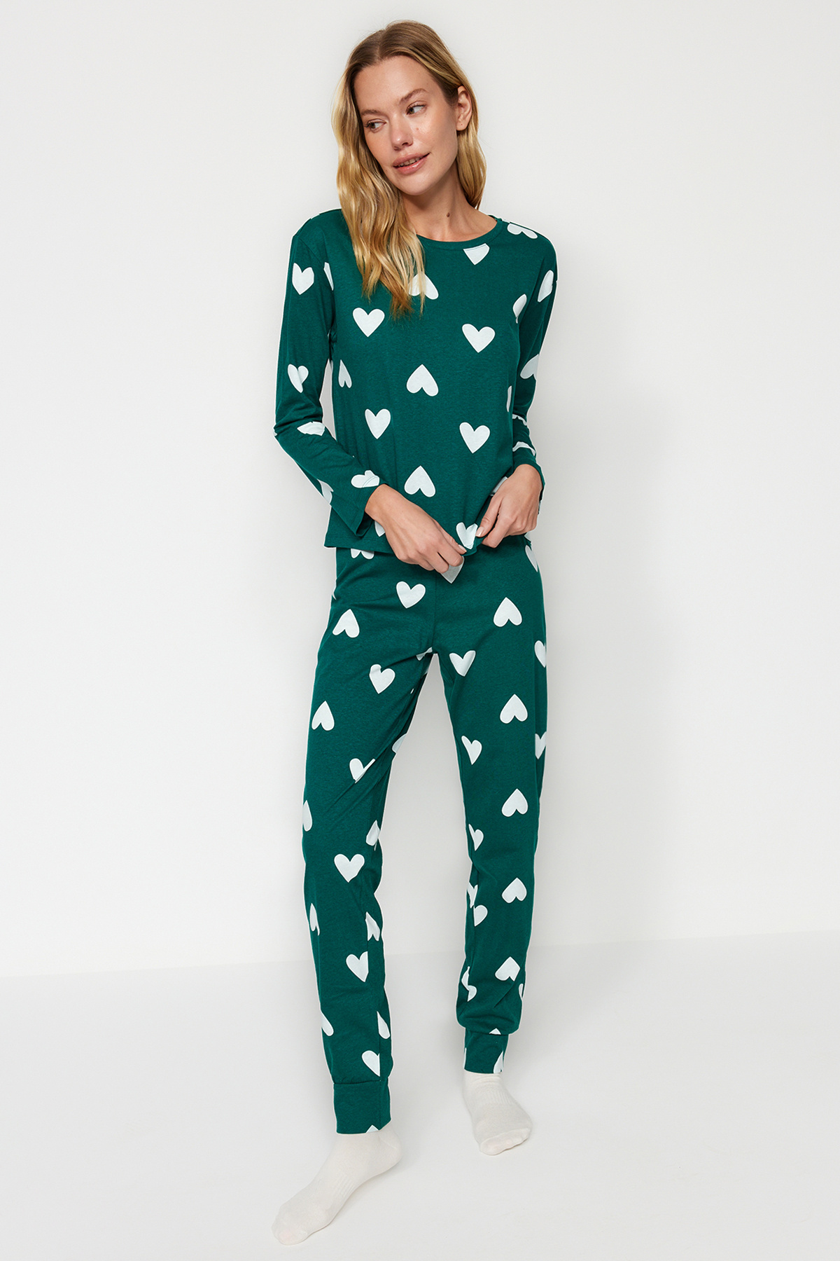 Trendyol Collection Smaragdzöld 100% pamut szívvel kötött pizsama szett THMAW21PT0566