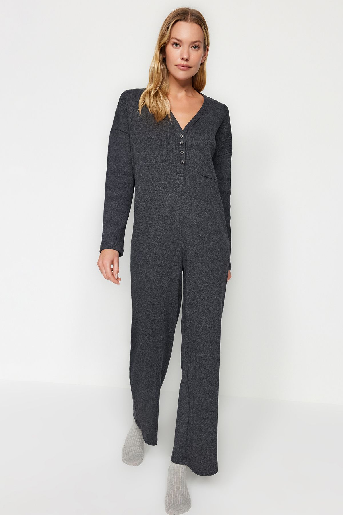 Trendyol Collection Anthracite Pocket and Button Detailed Ribbed