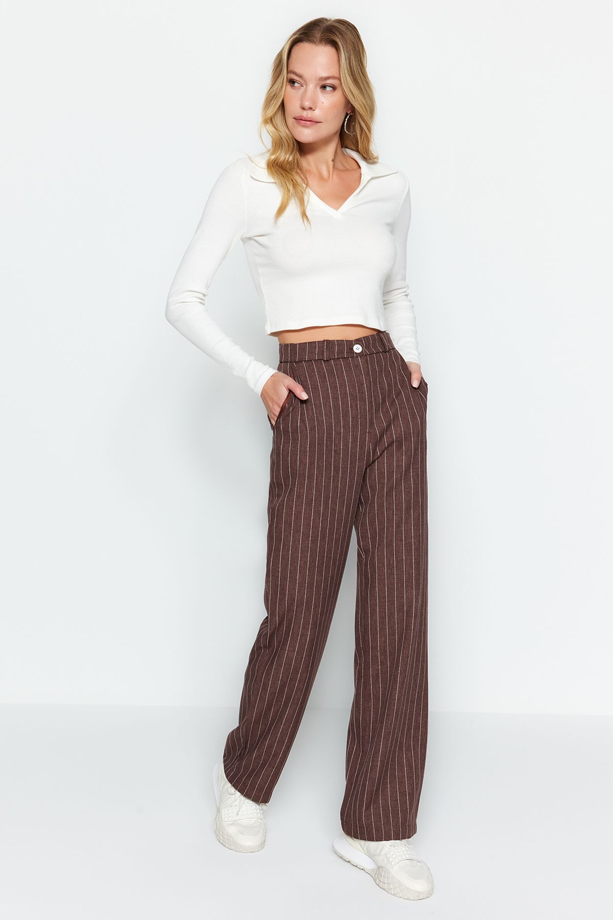 Trendyol Collection Beige Cigarette Woven Faux Leather Trousers