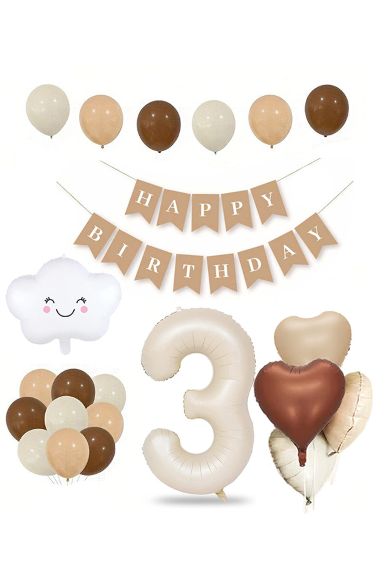 Patladı Gitti 3 Yaş Retro Doğum Günü Seti; Krem Rakam Folyo, Banner, Kalp Folyo ve Lateks Balon