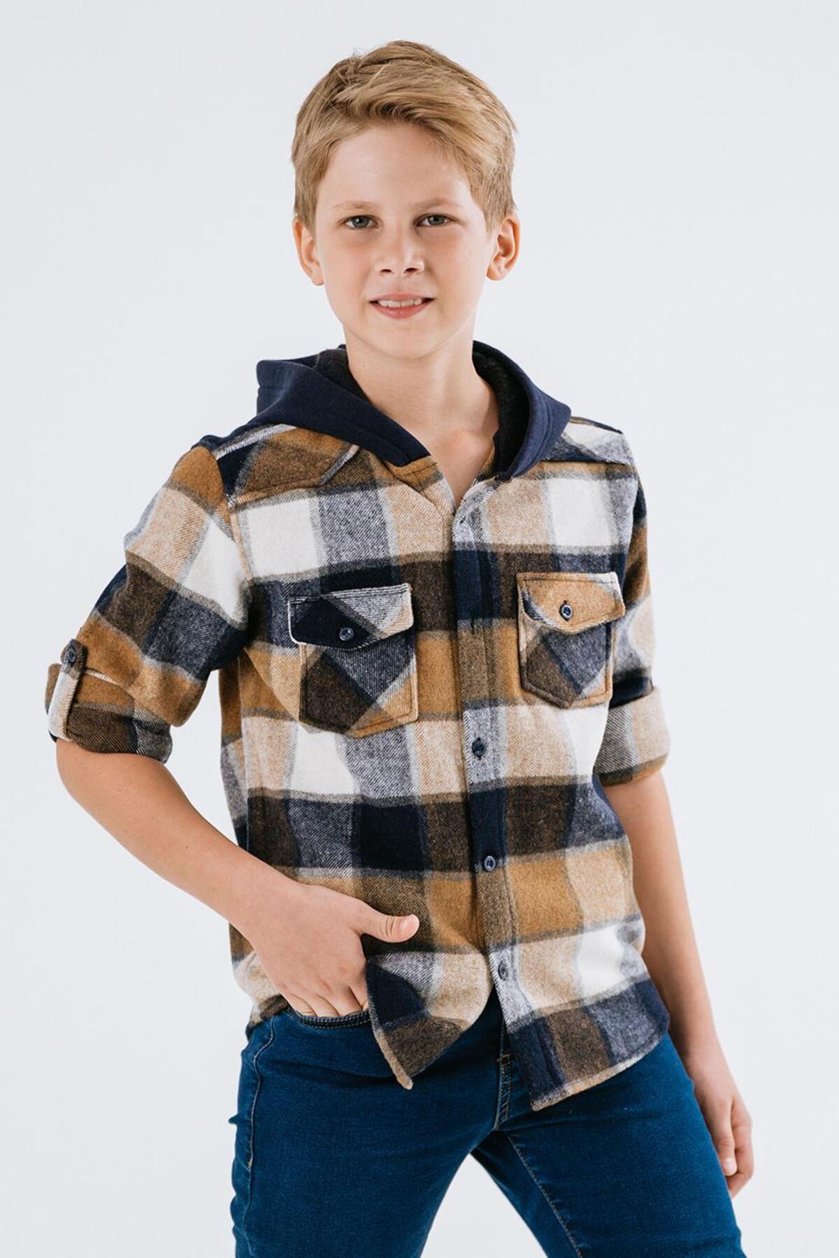 Boy's Lumberjack Shirt Hooded Fold Sleeve