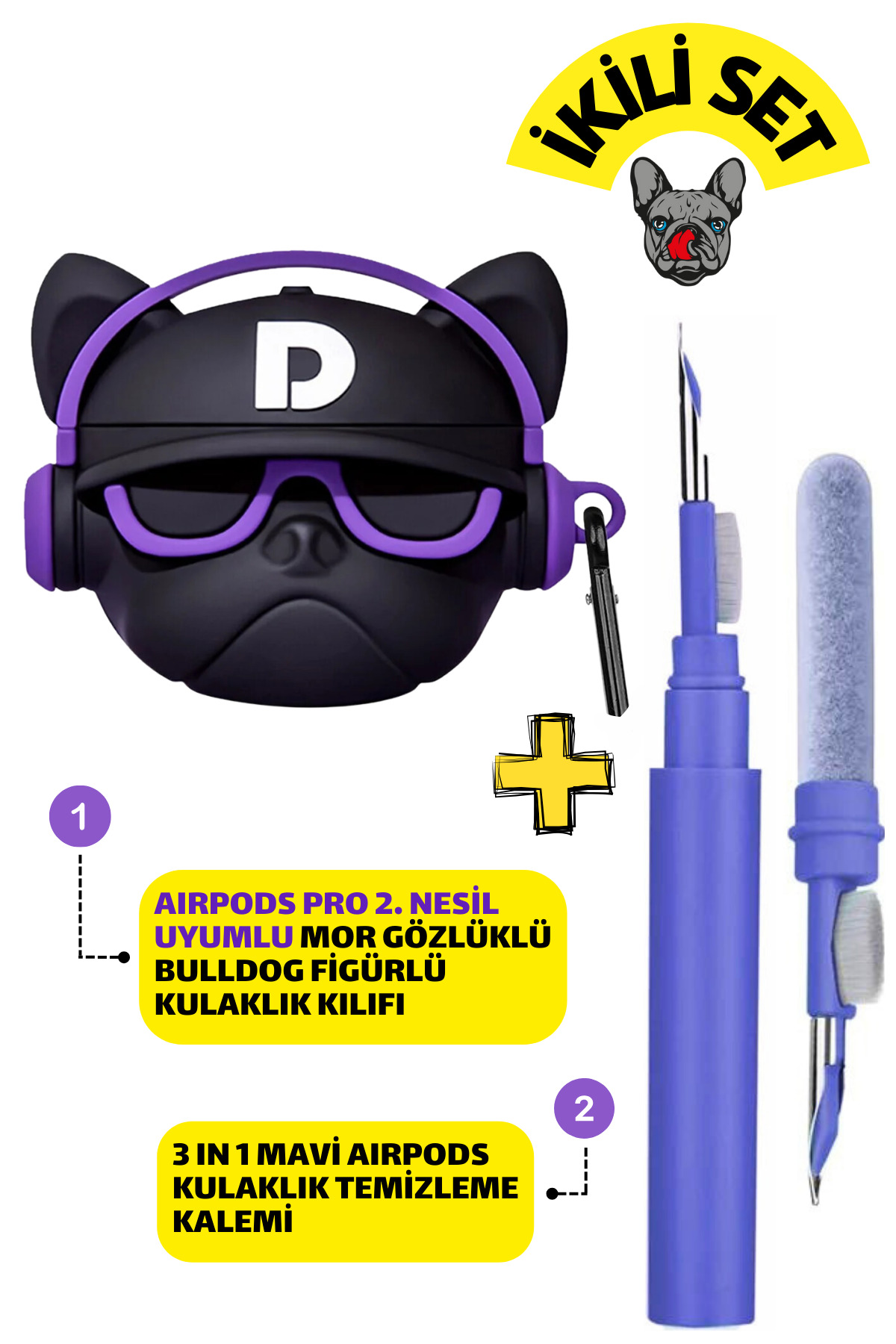 Pro 2nd Generation Compatible Purple Glasses Bulldog Case and Blue 3-in-1 Headset Cleaning Pen