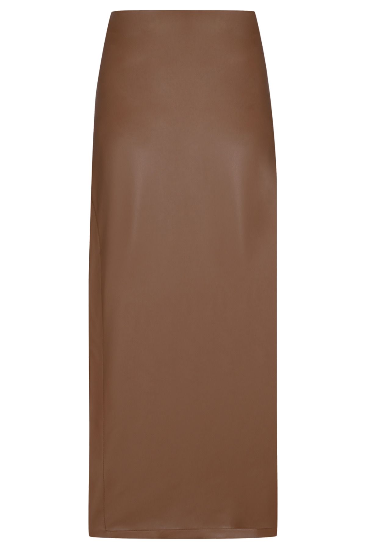 Whenever Company-Brown Normal Waist Side Slit Faux Leather Midi Skirt 2