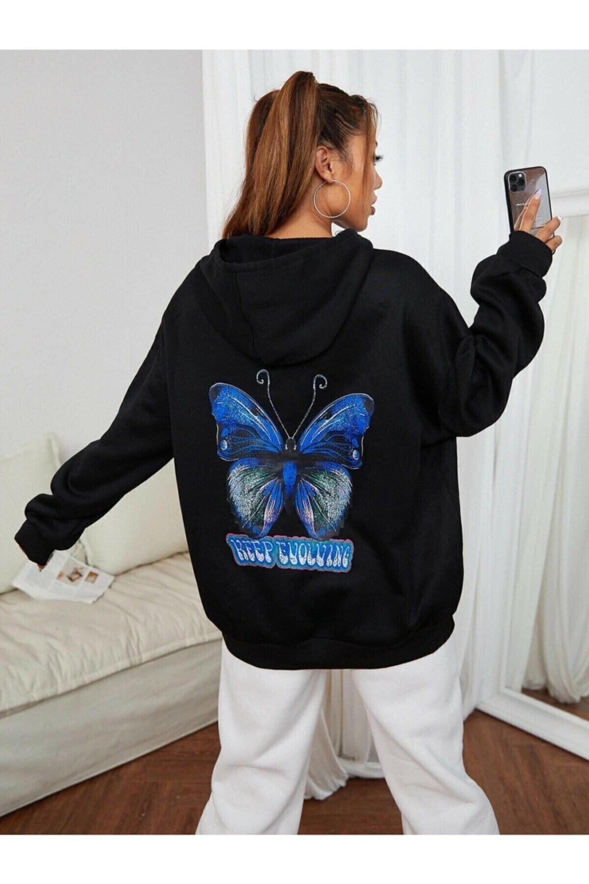 BEGR FF Black Women s Butterfly Printed Oversize Sweatshirt Trendyol