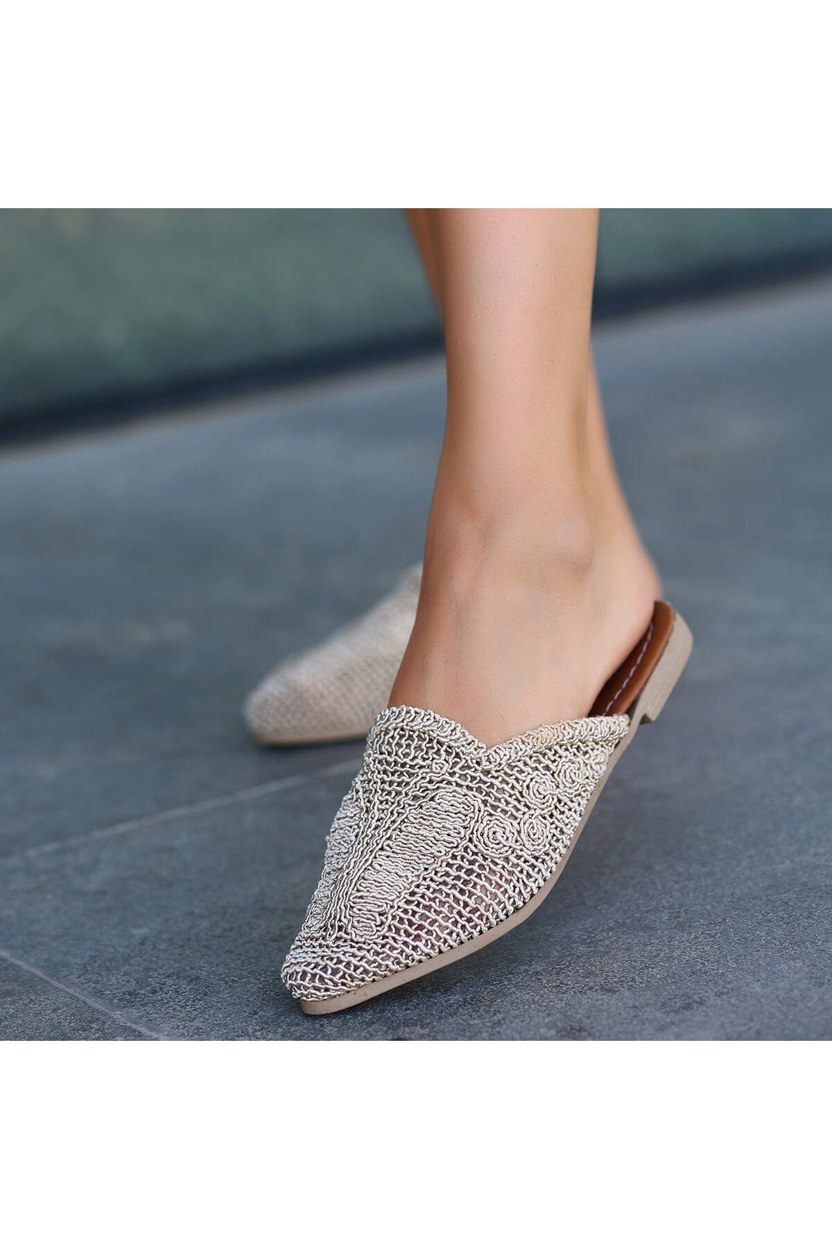 Cansstil Osse Krem Örgülü Terlik