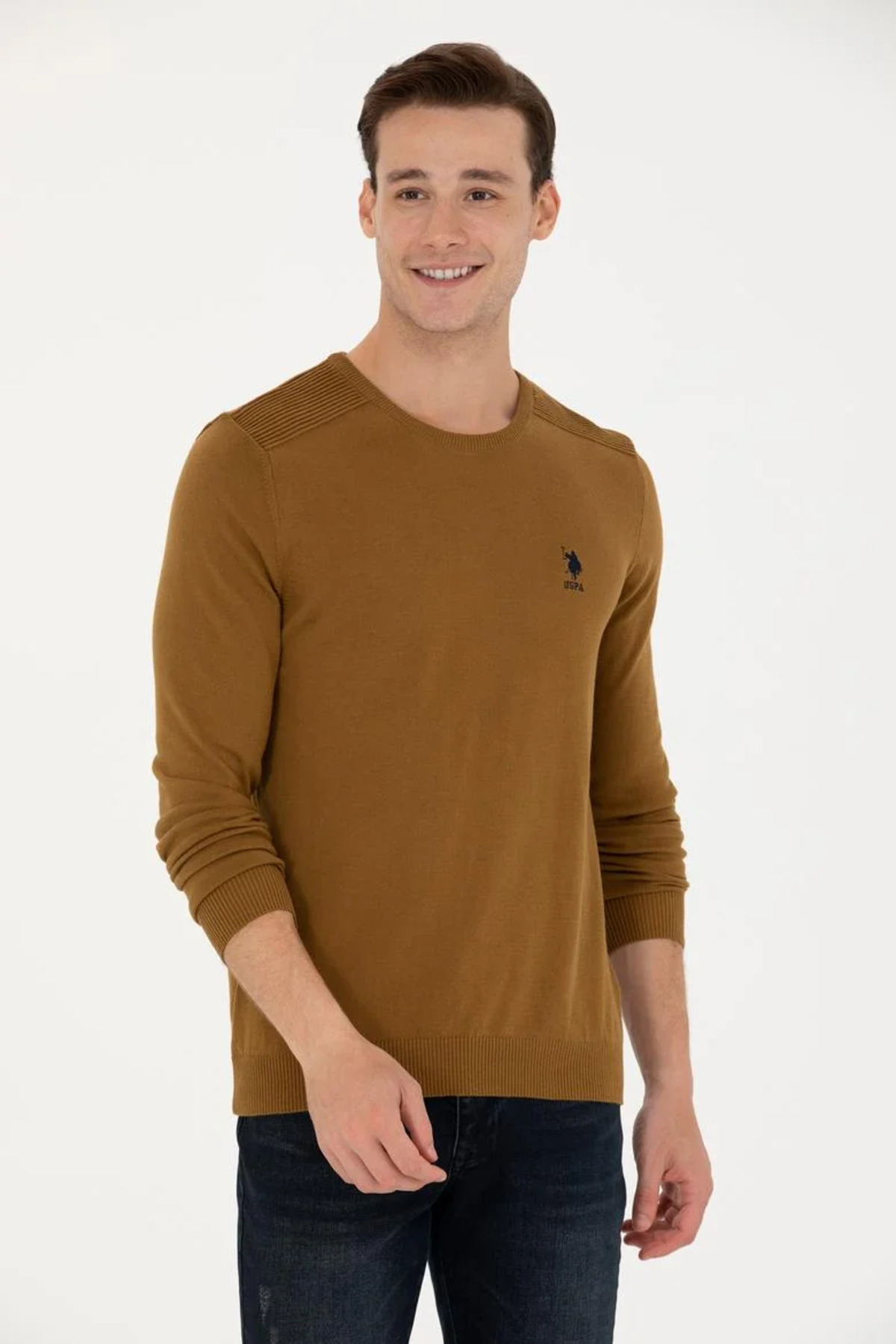 یو اس پولو ژاکت خاکی یقه گرد مردانه