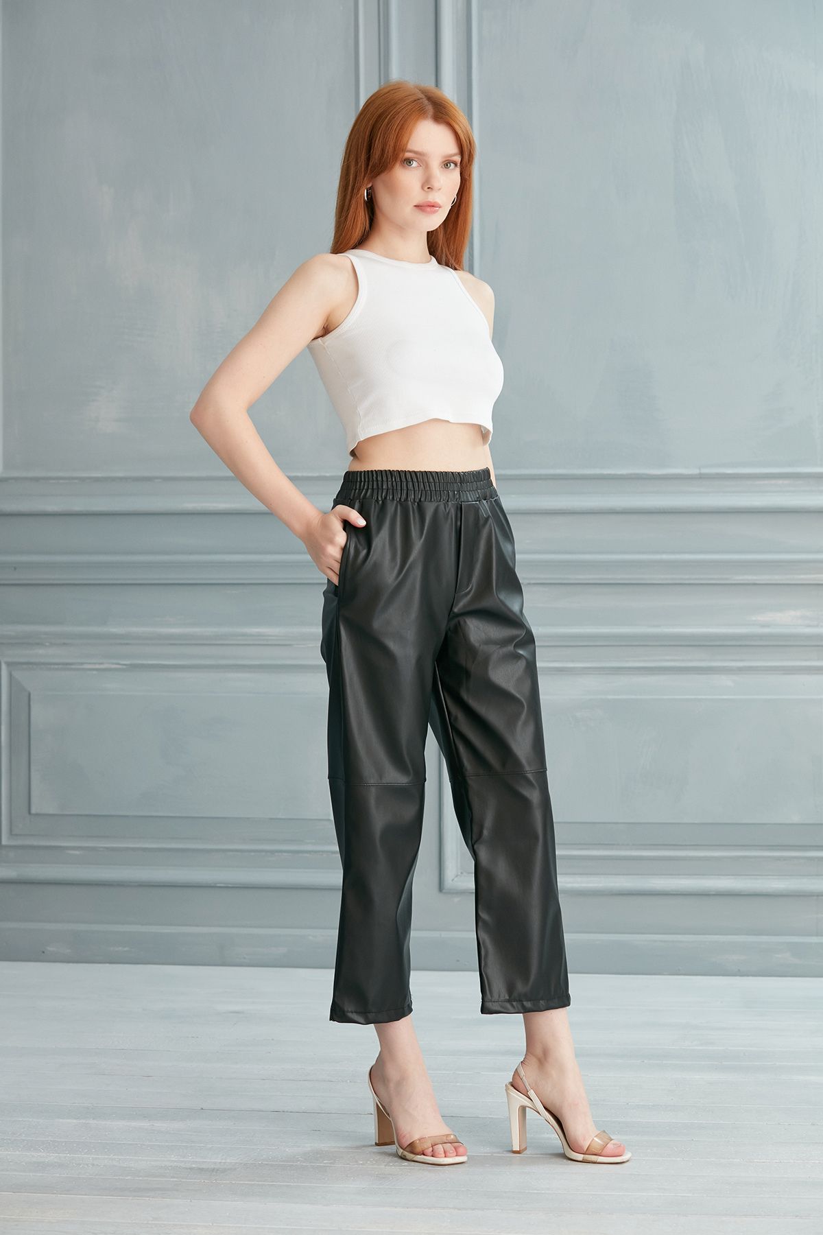 Wide leg leather trousers clearance