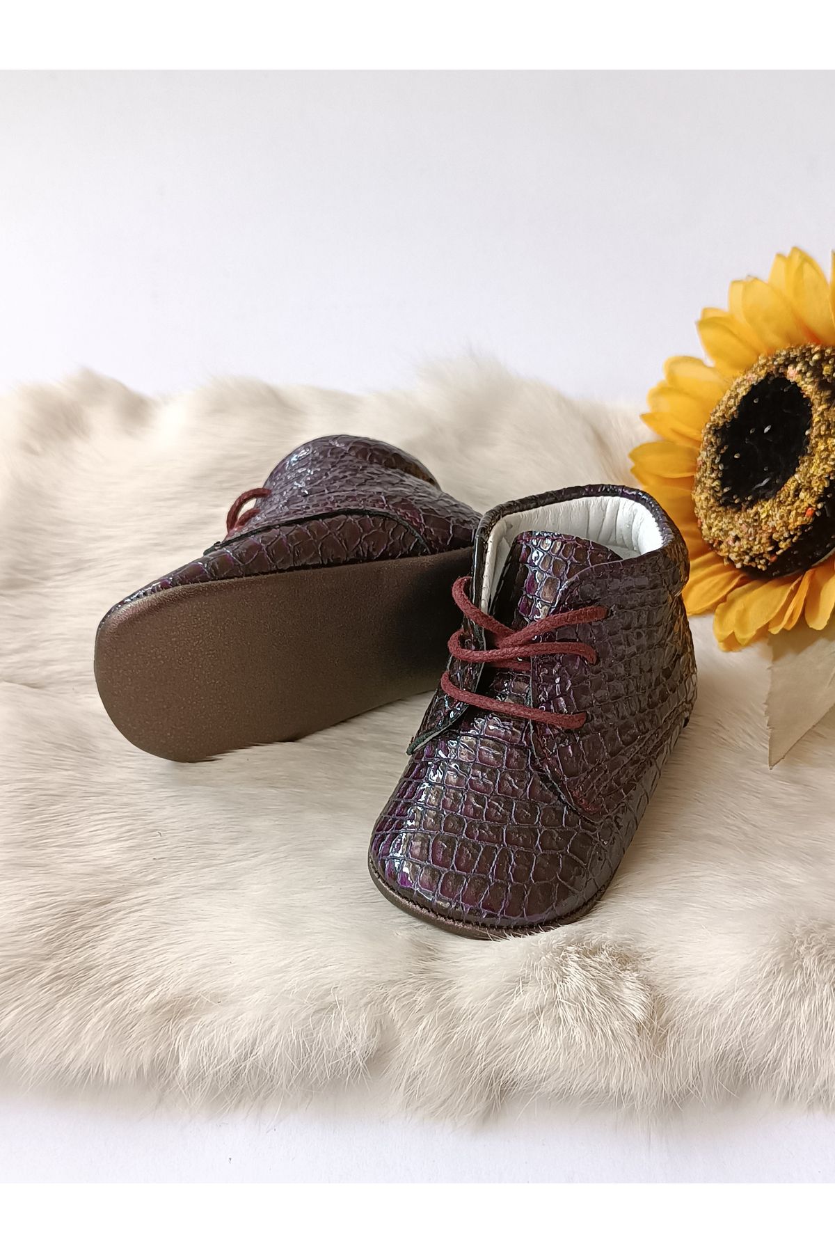 Hodore-Plum Printed Genuine Leather Baby Booties 3
