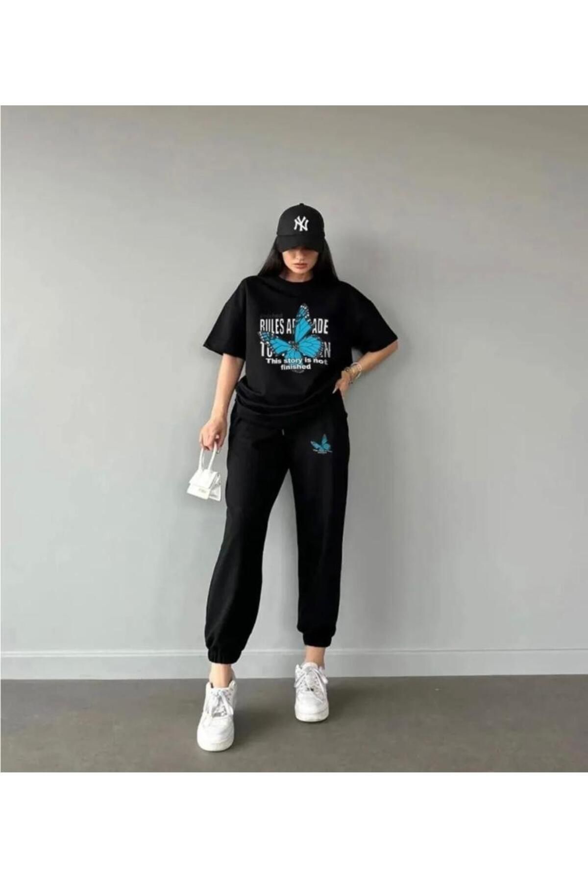 NO 601 Tricou Oversize Imprimat Cu Fluturi Cu Litere Negre Trening De Vară Cu Imprimeu Fluture Negru Femeie - L